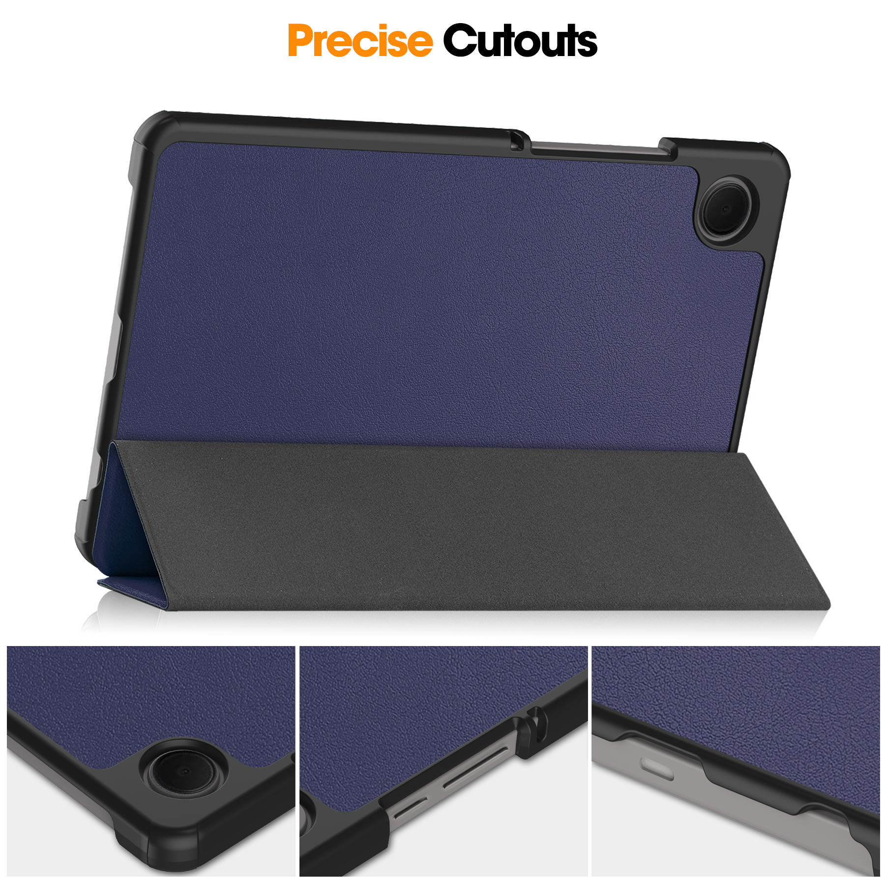 Blaue Tablet-Hülle mit präzisen Aussparungen. Die Hülle hat eine dunkelblaue Vorderseite und einen schwarzen Rahmen.