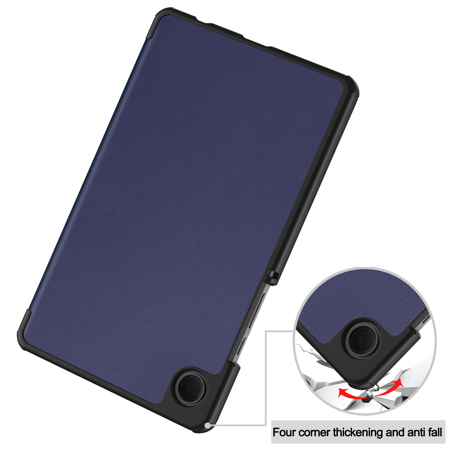 Eine blaue Tablet-Hülle mit schwarzem Rahmen, mit Anti-Fall-Illustration.
