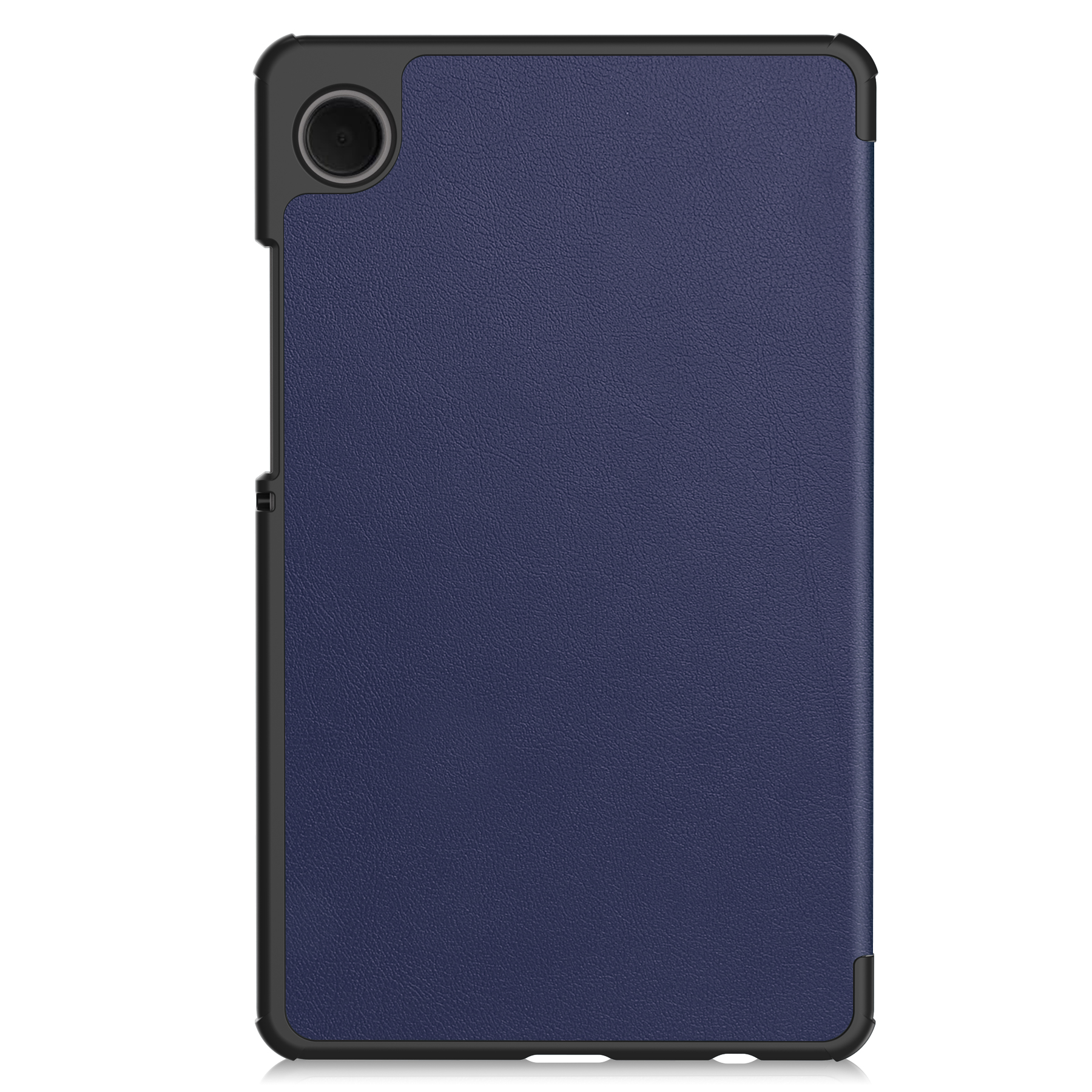 Eine blaue Tablethülle mit schwarzem Rahmen und einer Kameralinse oben.