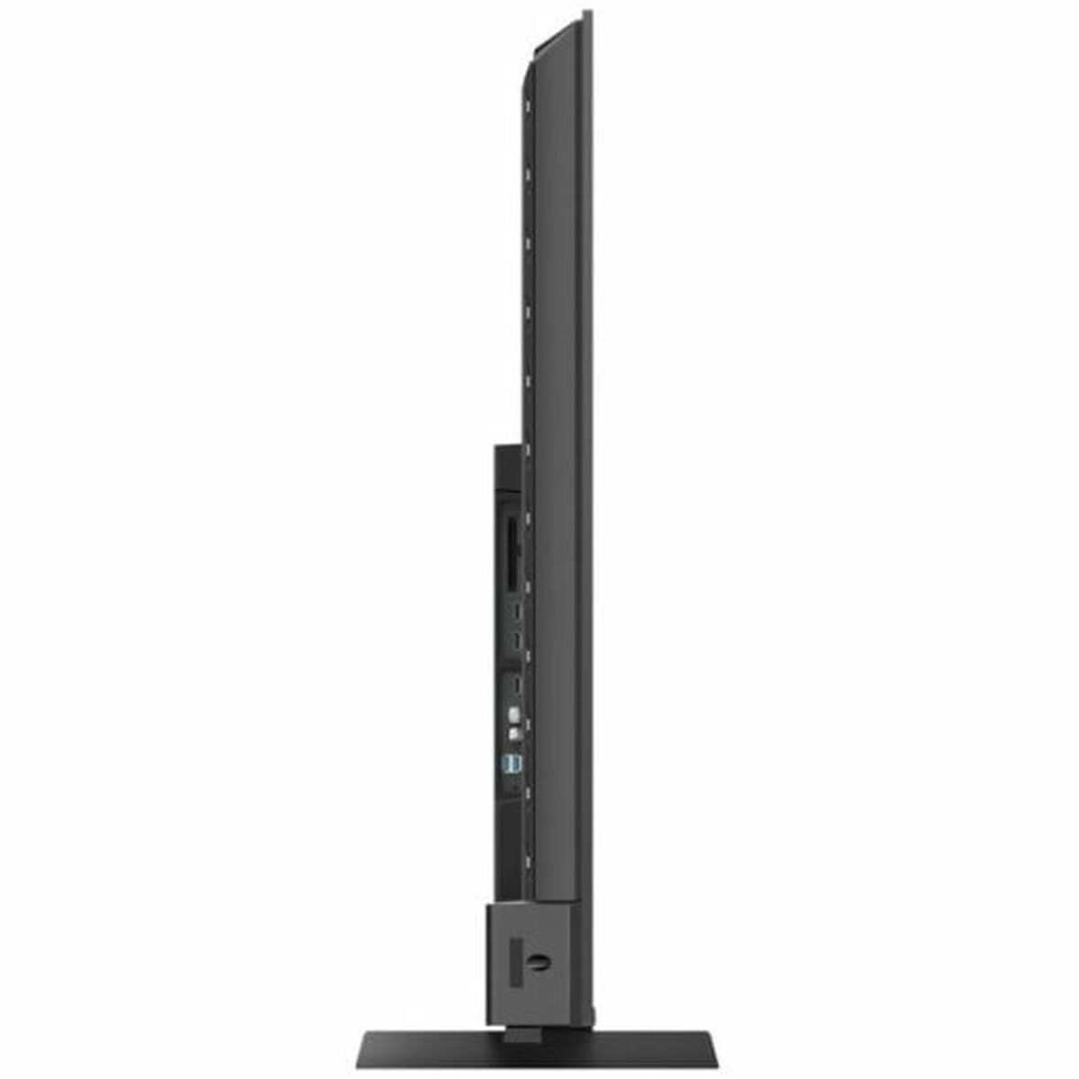 Seitenansicht eines dünnen, schwarzen Fernsehers. Schwarzer Ständer unten. Mehrere Anschlüsse an der Seite.