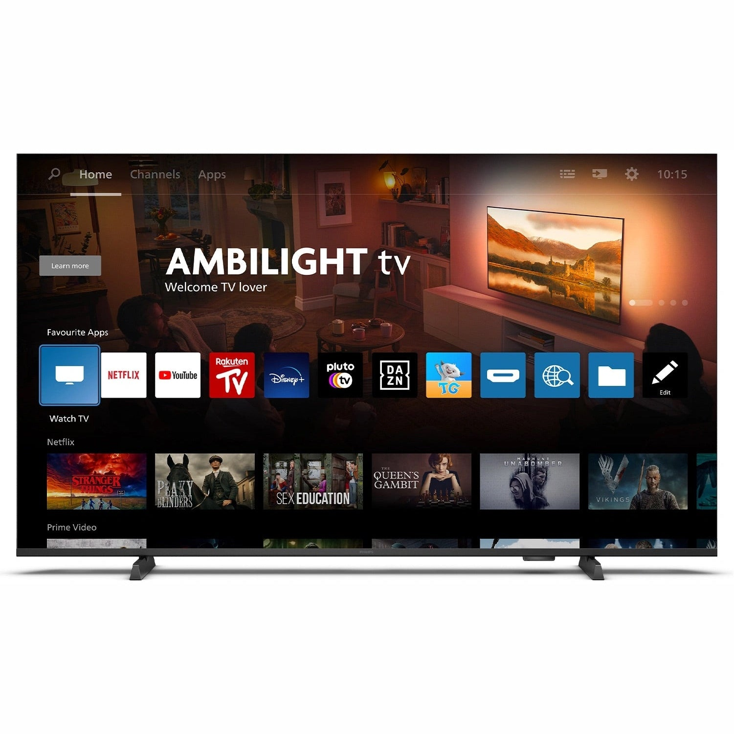 Großer Fernsehbildschirm mit Smart-TV-Oberfläche mit App-Symbolen und Vorschauen.