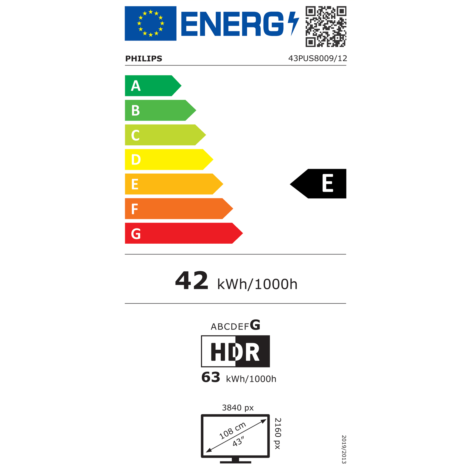 Energielabel für einen Philips Fernseher, zeigt Energieeffizienzklasse E.
