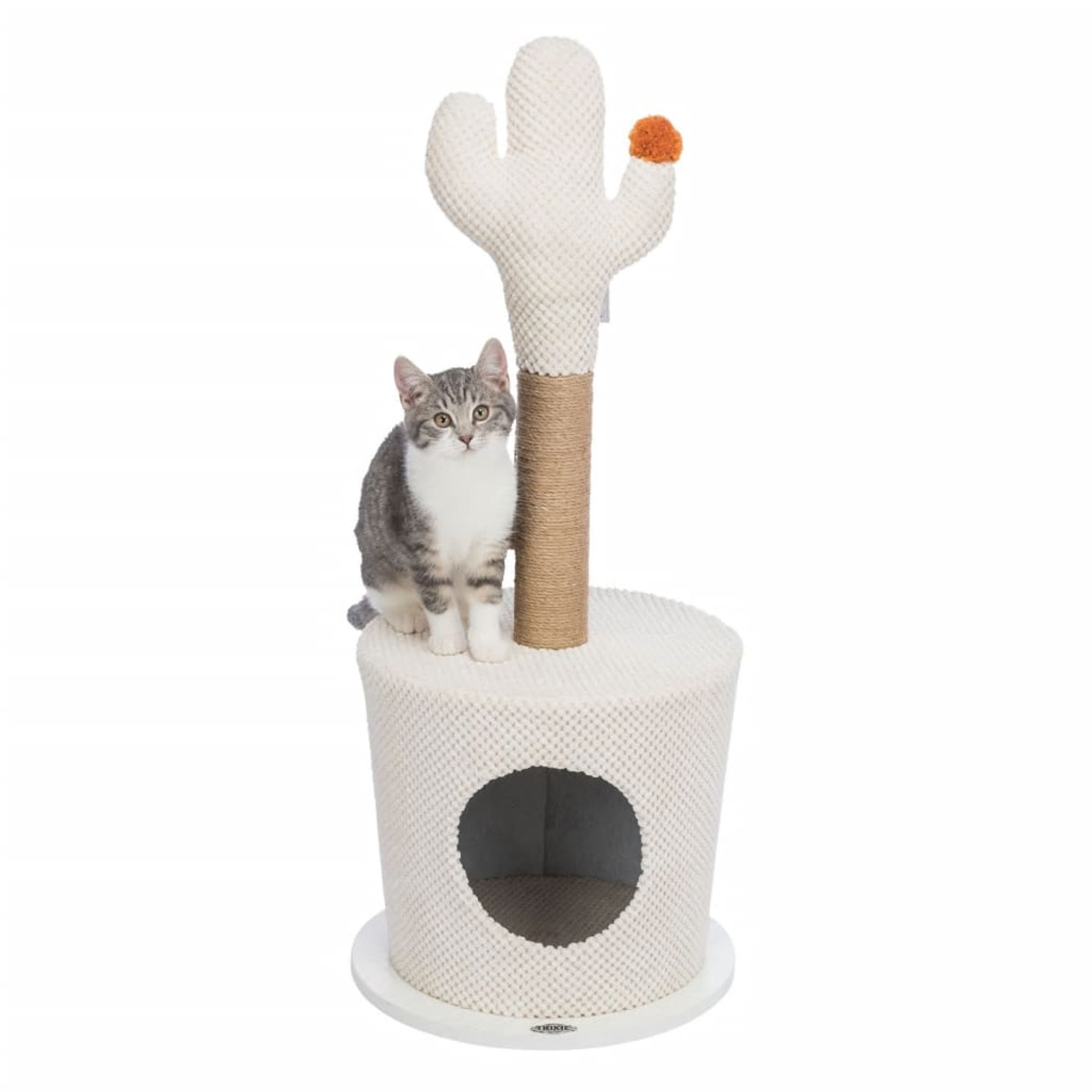 Eine Katze sitzt auf einem katzenbaum in Kaktusform. Der Baum hat eine weiße Basis und einen beigefarbenen Aufsatz.