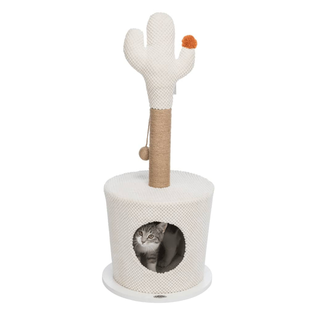 Eine Katze in einem Katzenbaum, kaktusförmig, weiß und beige.