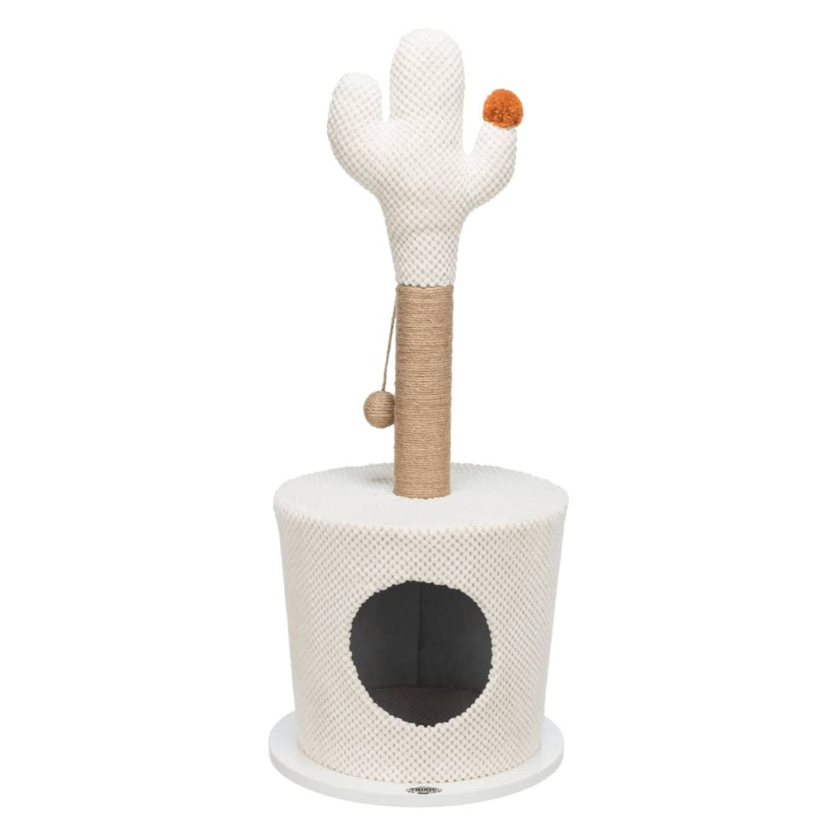 Katzenbaum in Form eines Kaktus. Beiger Sockel, Kratzpfosten und Kaktus-Oberteil mit orangefarbenem Ball.