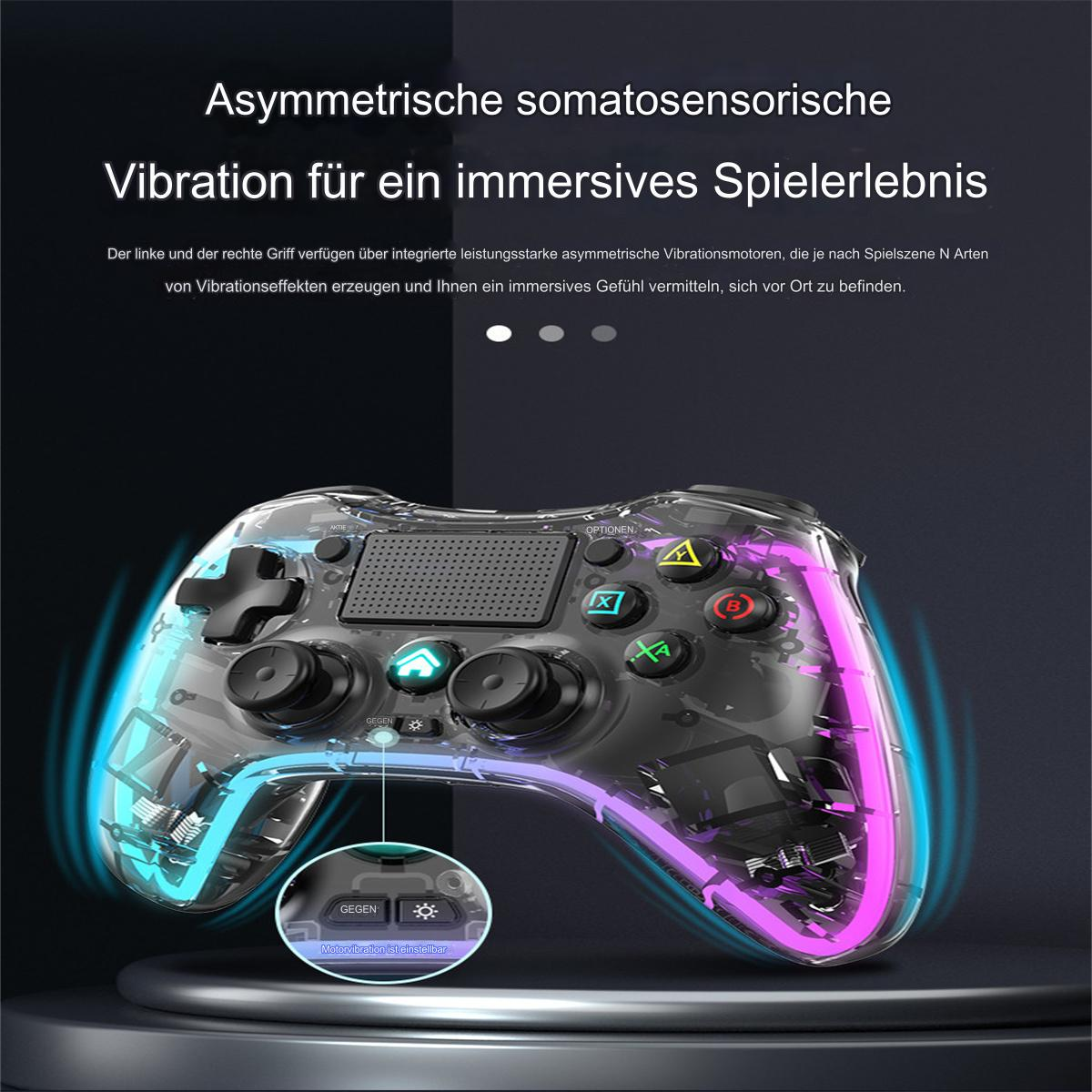 Ein transparenter Gamecontroller mit leuchtend blauen und rosa Lichtern. Text oben.