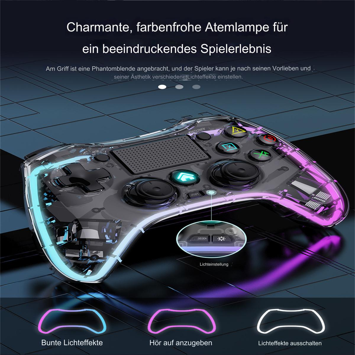 Ein transparenter Gamecontroller mit bunten Lichtern und Knopfdarstellungen, vor dunklem Hintergrund.