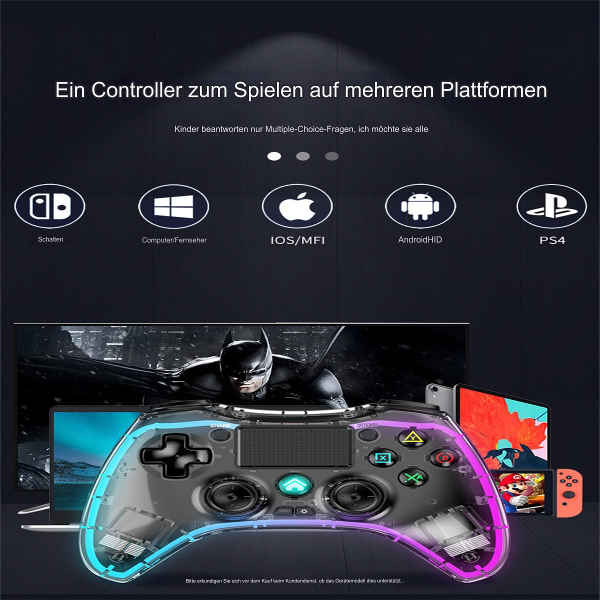Gaming-Controller mit transparentem Gehäuse, umgeben von Symbolen für mehrere Gaming-Plattformen und einem Batman-Bild.