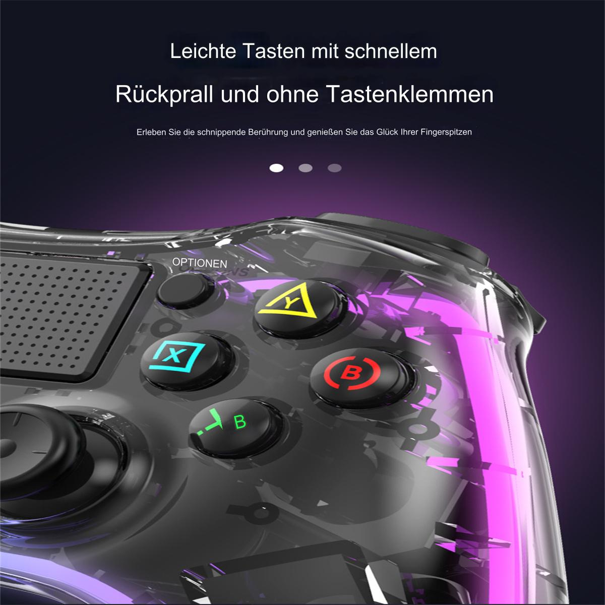 Nahaufnahme eines Videospiel-Controllers mit mehreren farbigen Tasten und einem lila Farbverlauf.