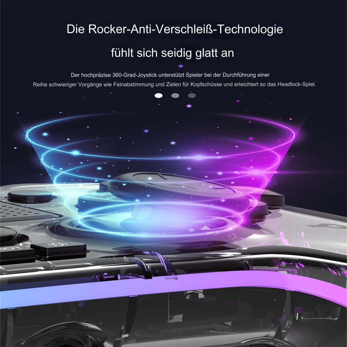 Ein Gaming-Controller mit blauen und lila Lichteffekten, mit Text auf Deutsch.