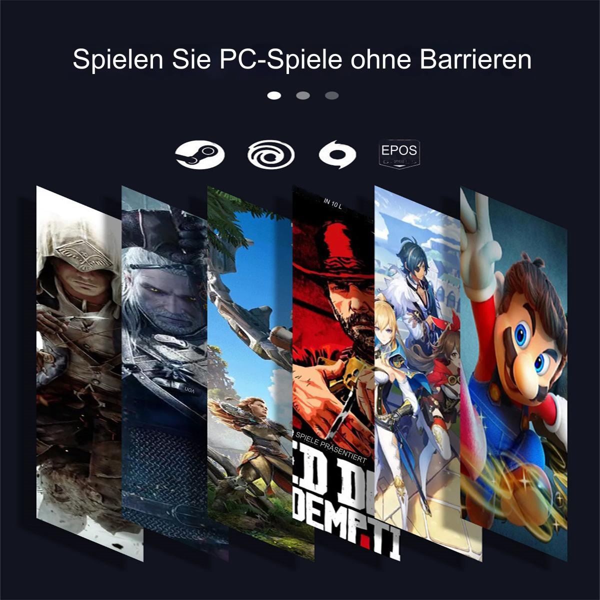 Eine Collage verschiedener PC-Spiel-Cover, die die Möglichkeit bewerben, PC-Spiele ohne Barrieren zu spielen.