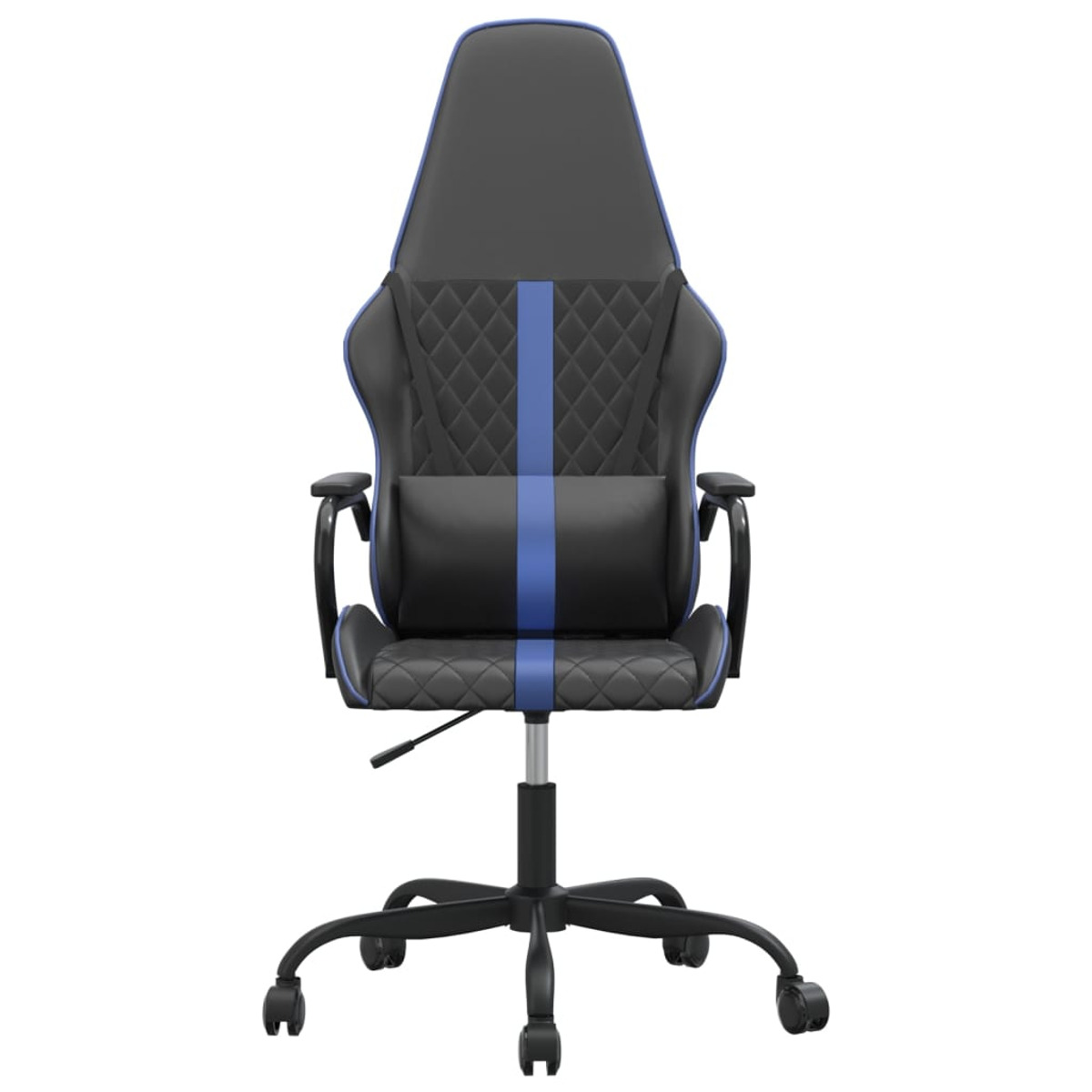 Ein Gaming-Stuhl, schwarz mit blauen Akzenten, mit Kopfstütze und Lendenkissen.