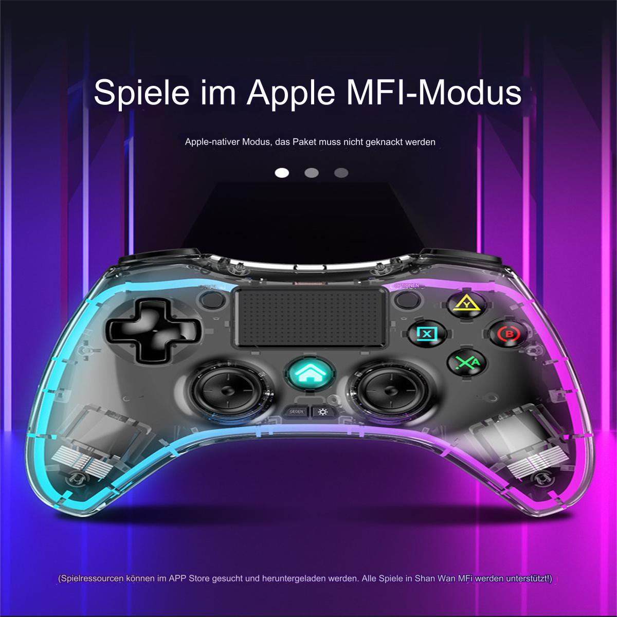 Ein transparenter Gaming-Controller mit bunten Knöpfen und Lichtern.