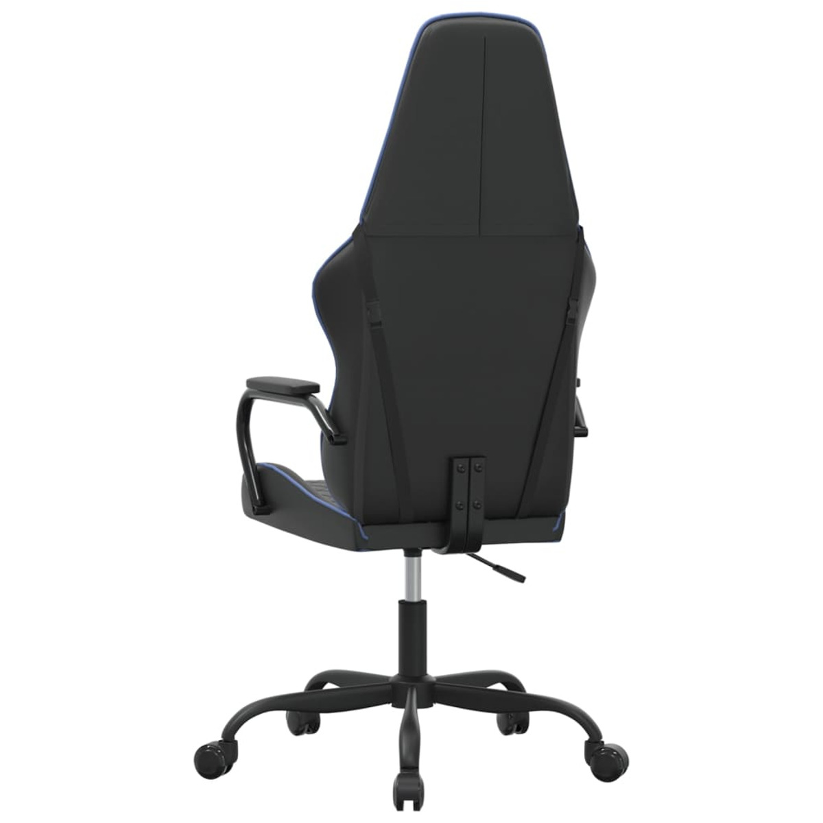 Gaming-Stuhl. Schwarz mit blauen Akzenten, Rückansicht mit Rollen an der Basis.