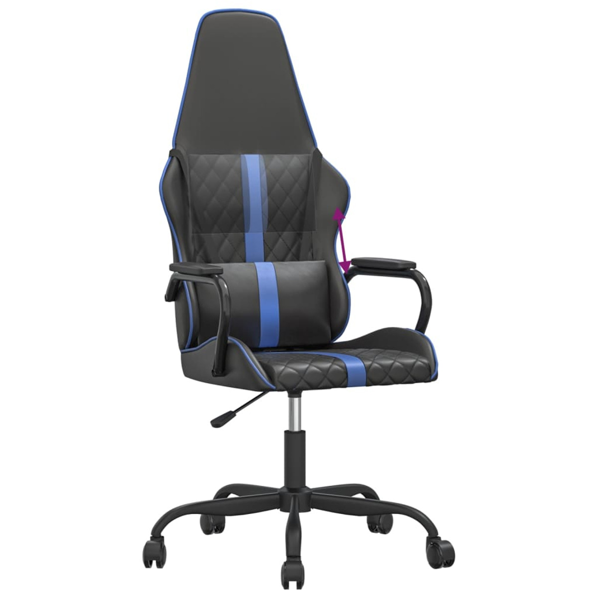 Schwarzer und blauer Gaming-Stuhl mit verstellbaren Teilen.