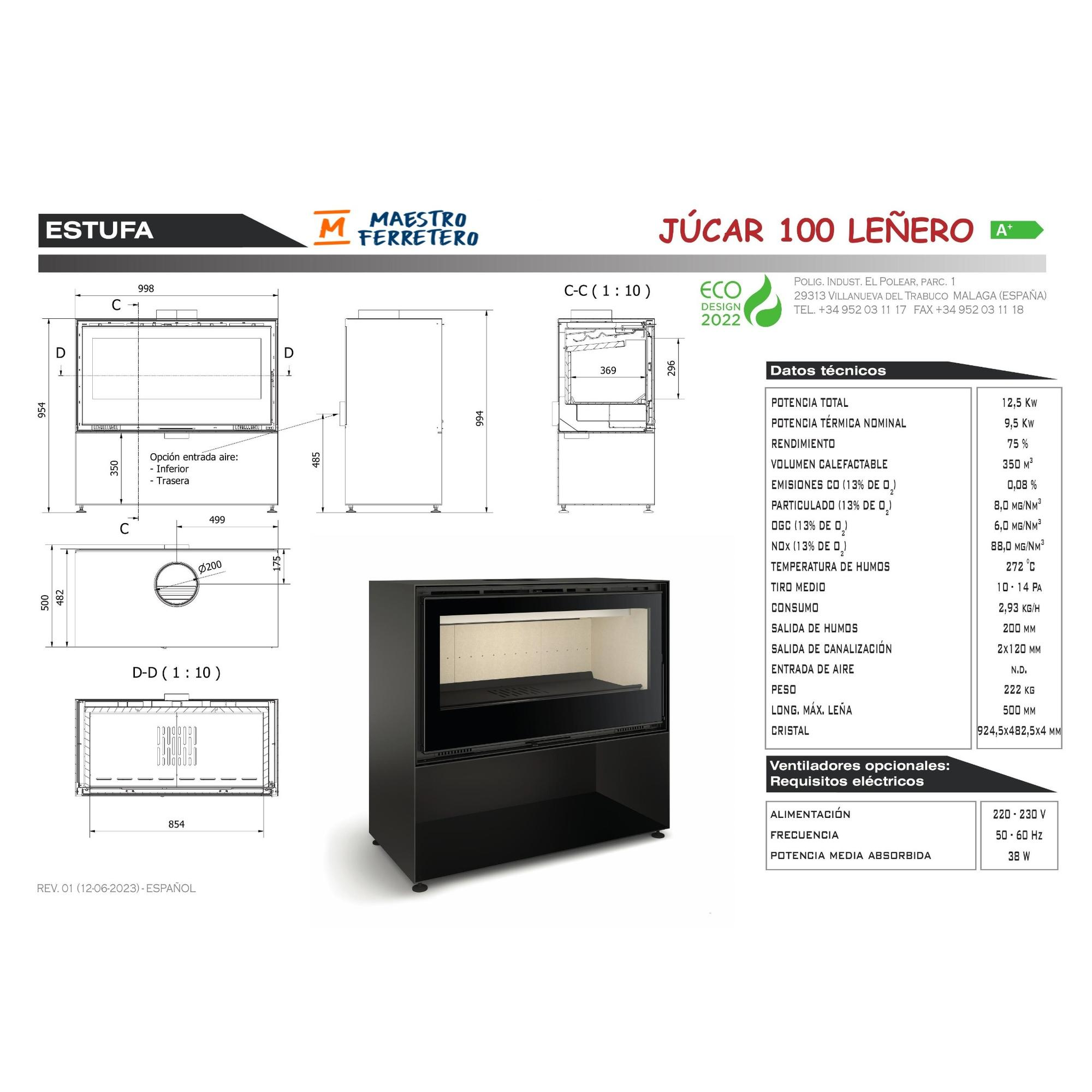 Chimenea negra con dibujos técnicos y especificaciones.
