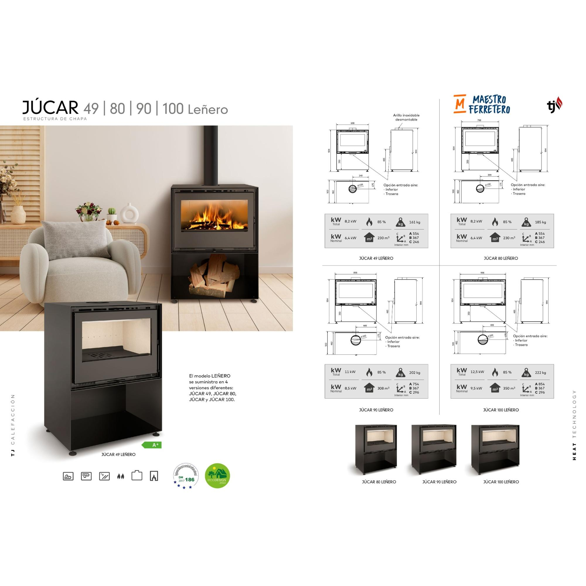 Diagrama de una chimenea y madera. Se muestran varios detalles y especificaciones del producto.