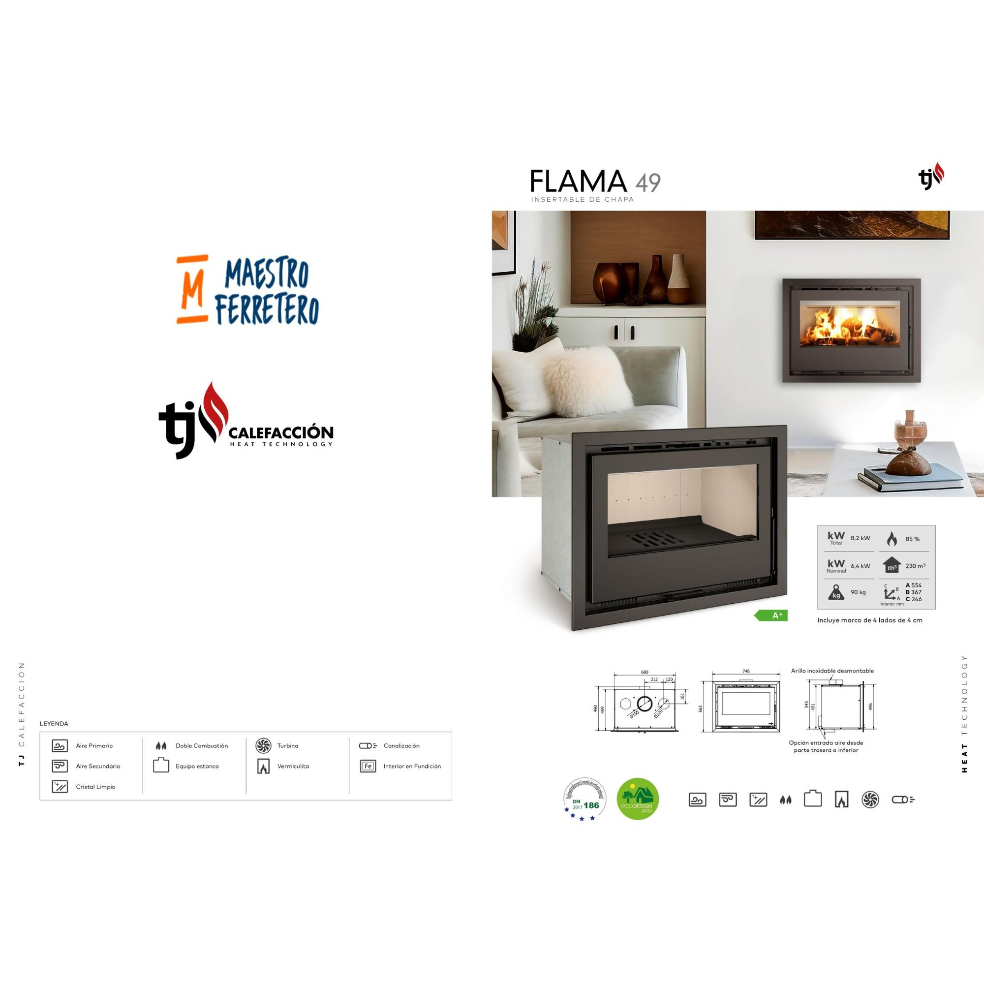 Folleto de una chimenea, con un logo y un diagrama.