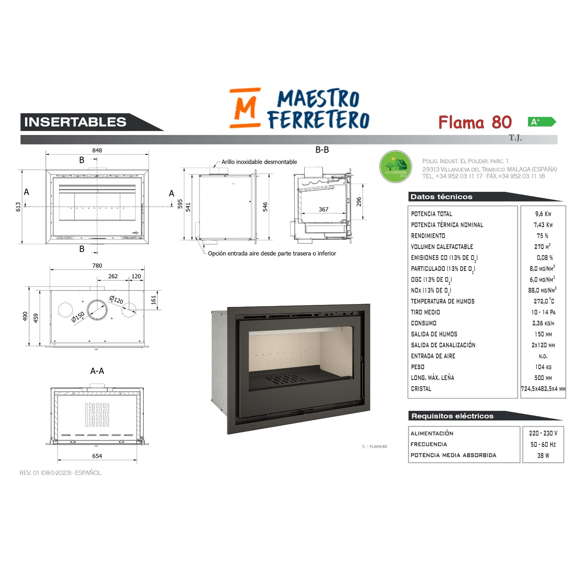 Diagrama de una chimenea con detalles técnicos. Incluye medidas y requisitos eléctricos.