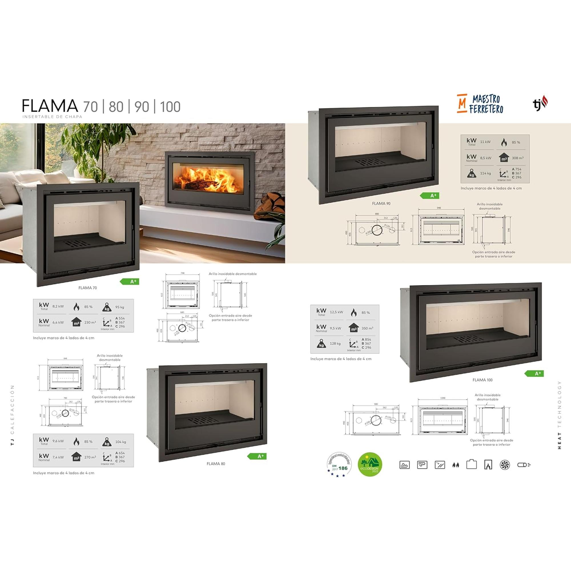 Imágenes de chimeneas con especificaciones. Fondo blanco.