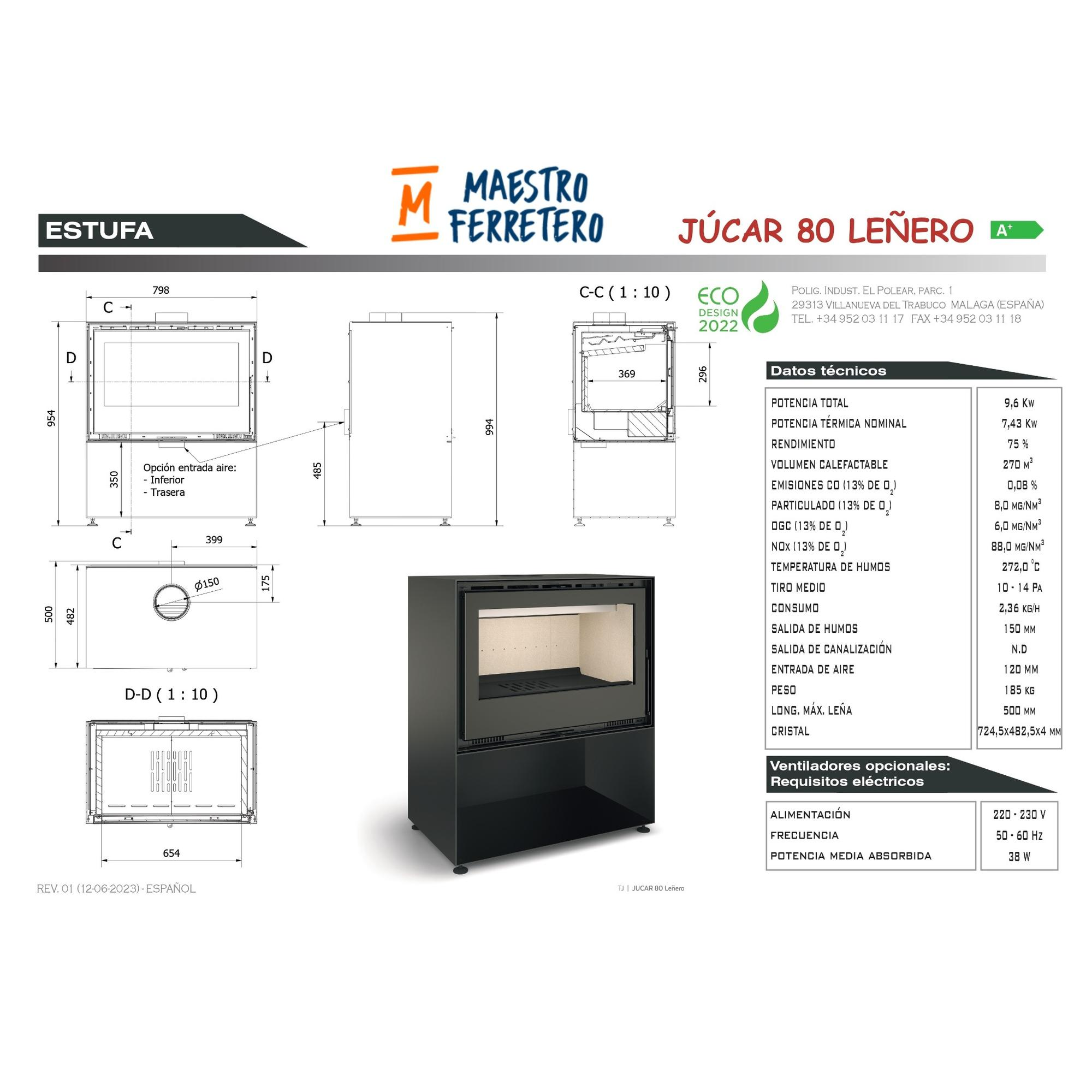 Un esquema de chimenea en blanco y negro con datos técnicos, incluidas dimensiones y métricas de rendimiento, se detalla.