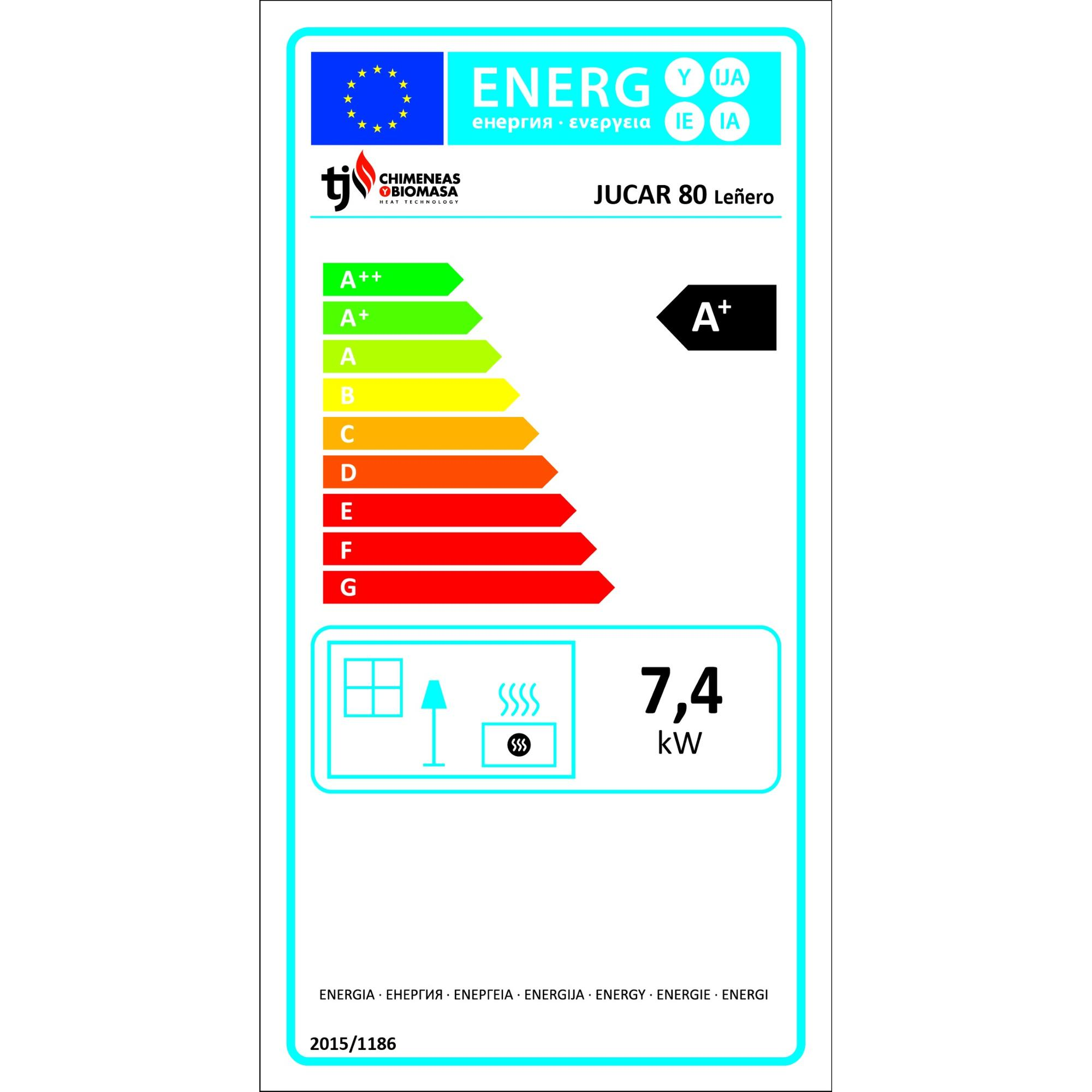 Etiqueta energética para una chimenea JUCAR 80 Leñero. A+ es la calificación de eficiencia energética más alta.