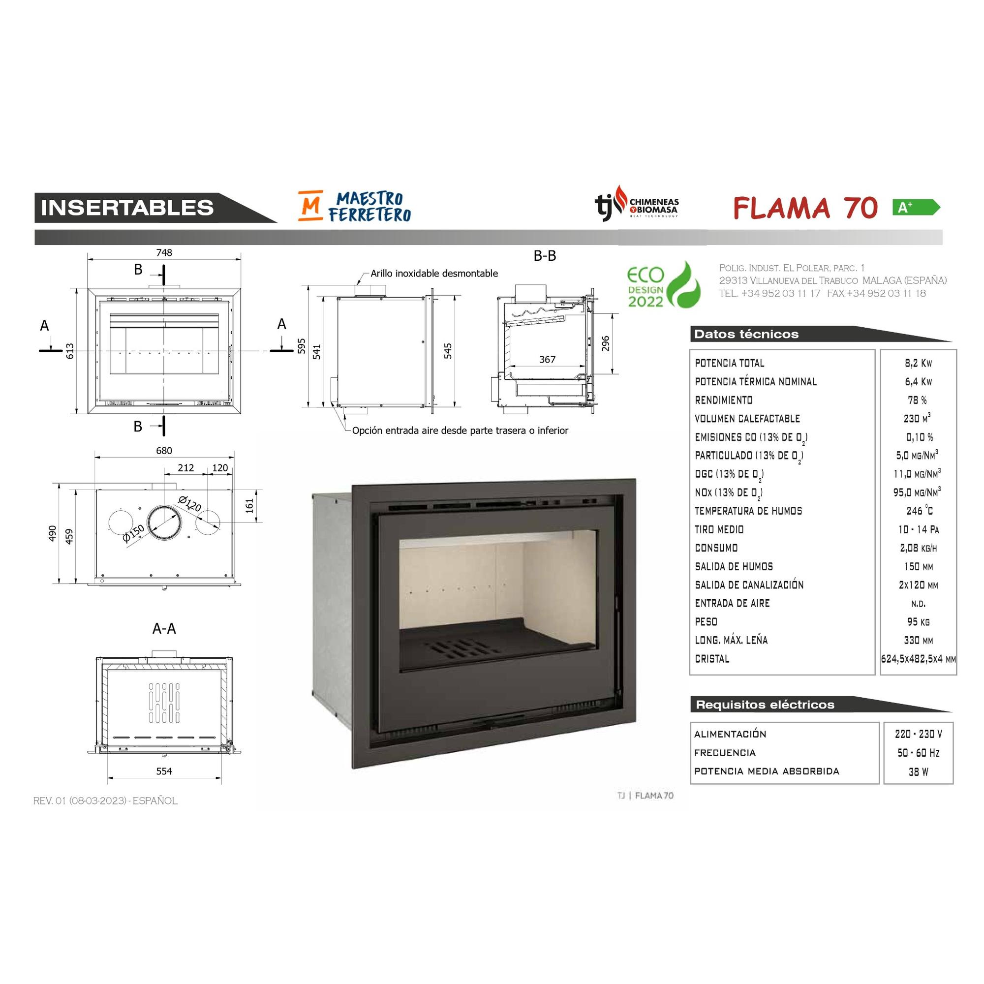 Dibujo técnico de un inserto de chimenea. Muestra dimensiones, especificaciones y detalles de diseño para la instalación.