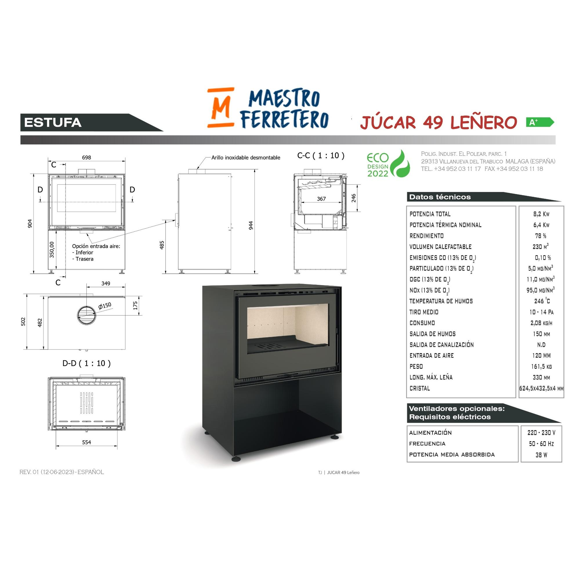 Dibujo técnico de una estufa con dimensiones. Texto en español.