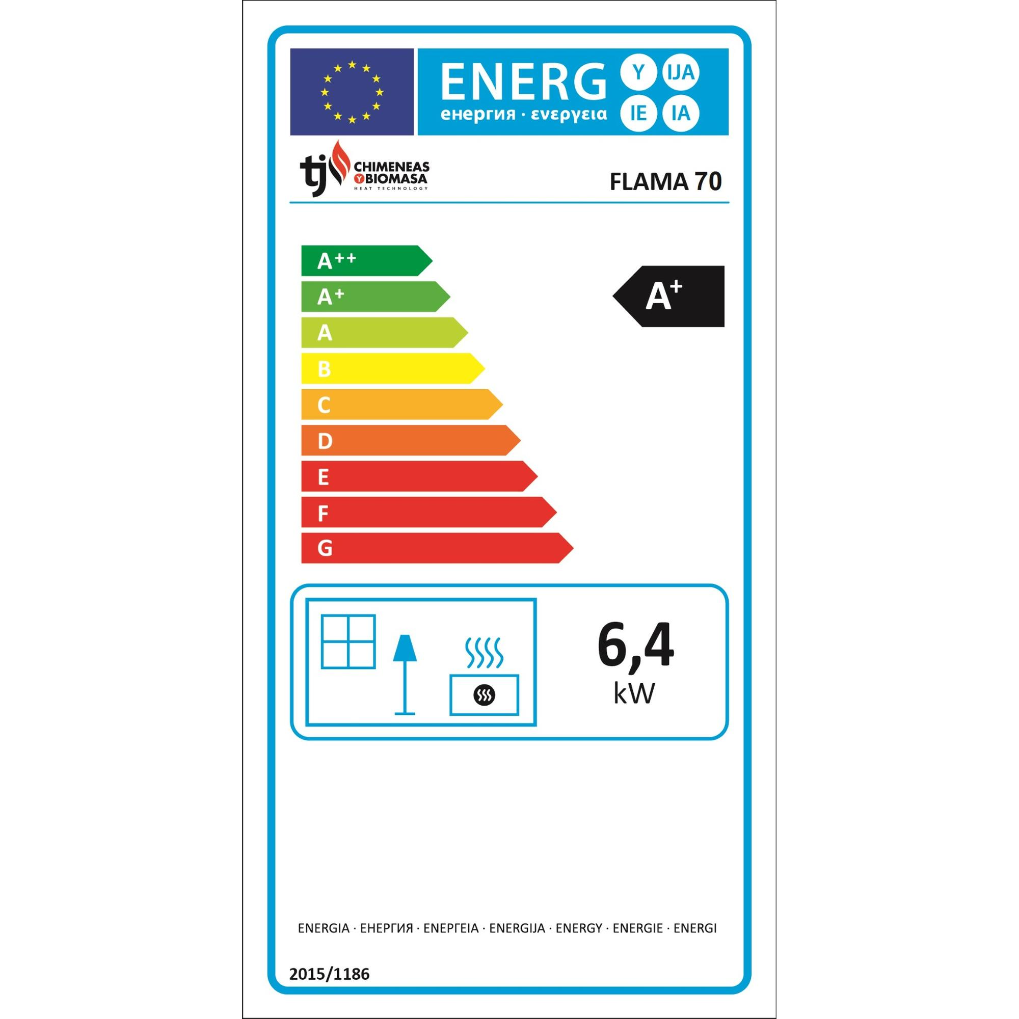Etiqueta energética para Flama 70, mostrando eficiencia energética y otras especificaciones.