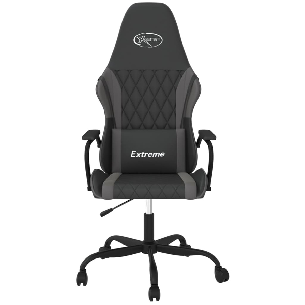 Gaming-Stuhl, schwarz und grau, mit dem Wort „Extreme“ auf der Kopfstütze.