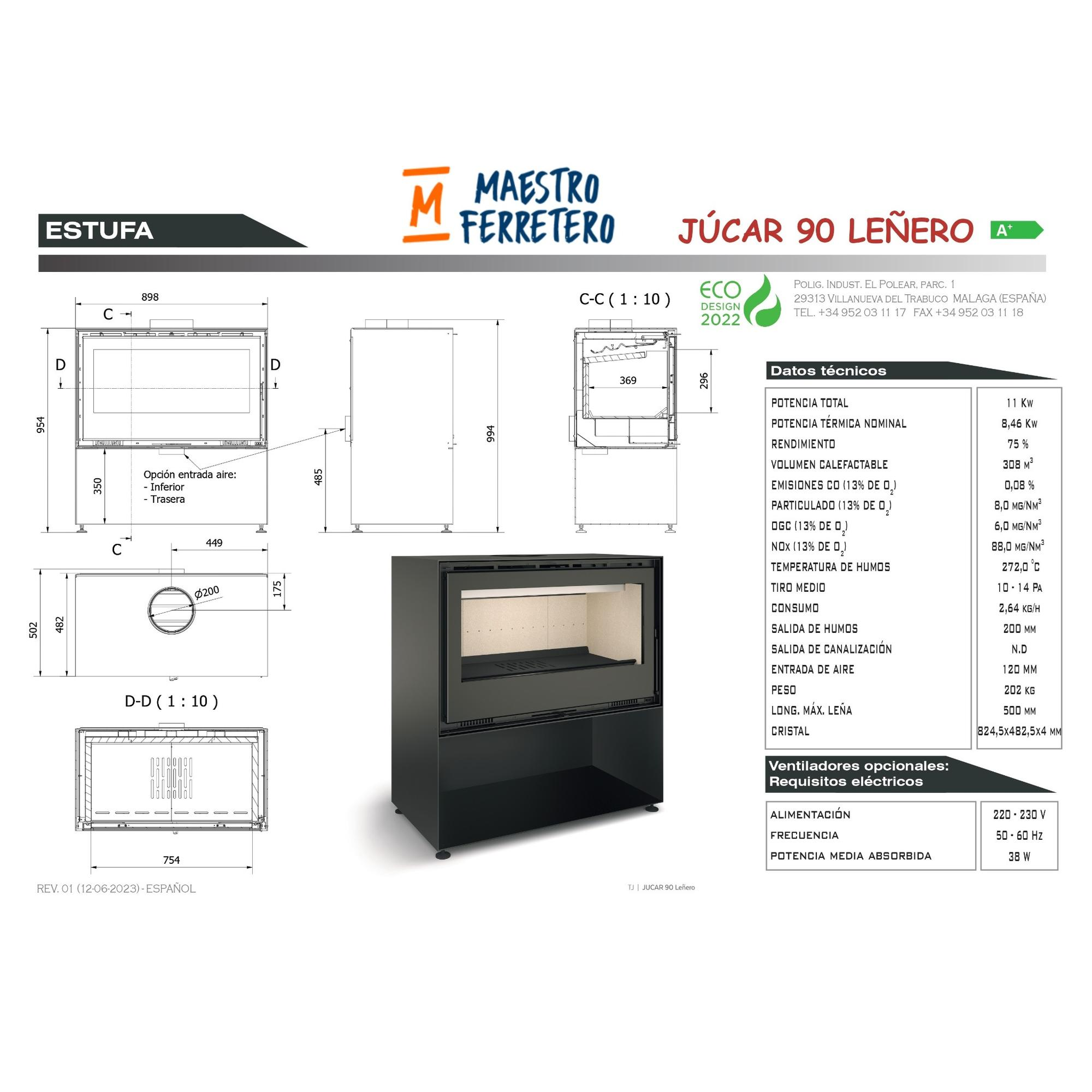 Diagrama de una estufa con dimensiones y datos técnicos, en blanco y negro.