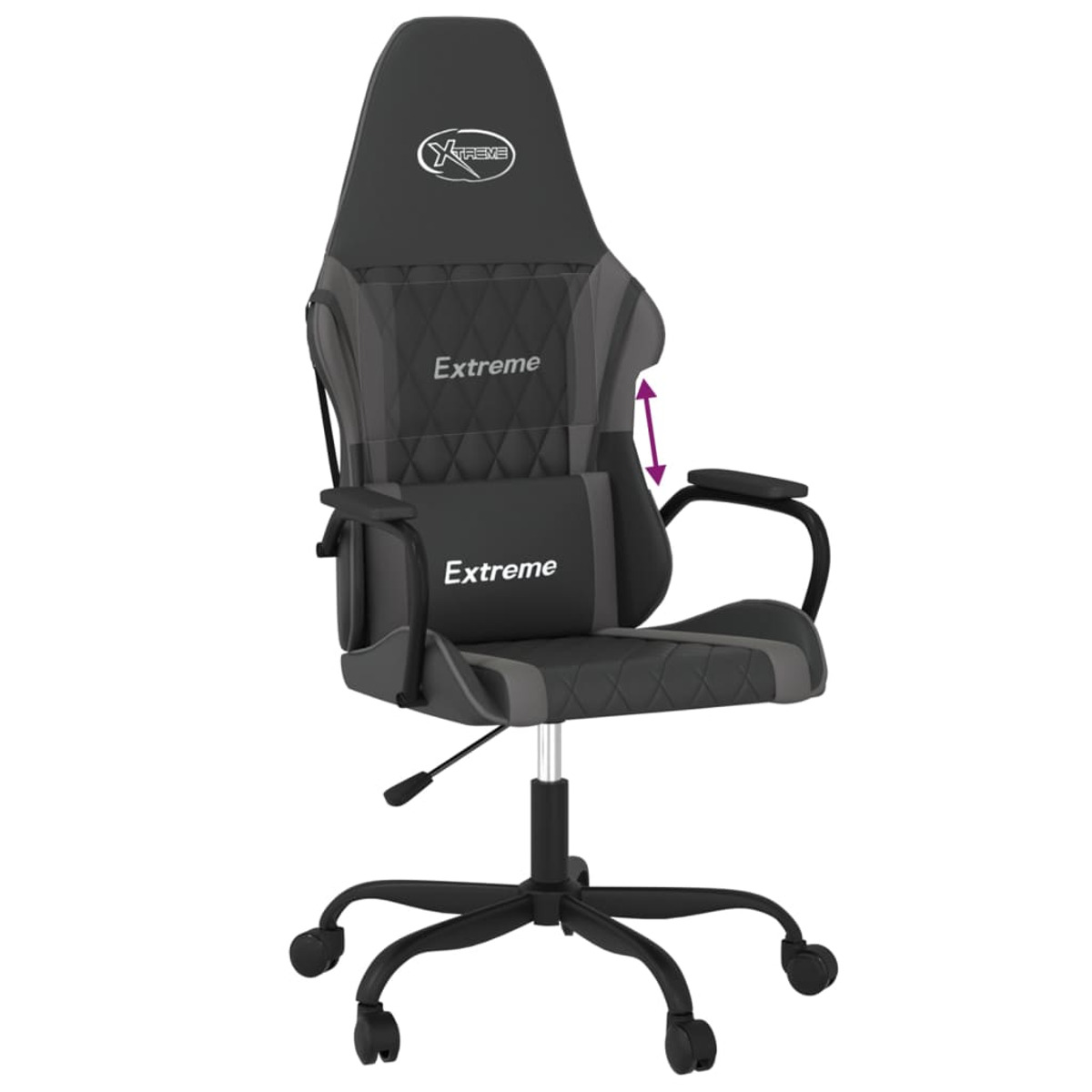 Gaming-Stuhl, schwarz und grau, mit verstellbarer Rückenlehne, Armlehnen und Kopfstützkissen.
