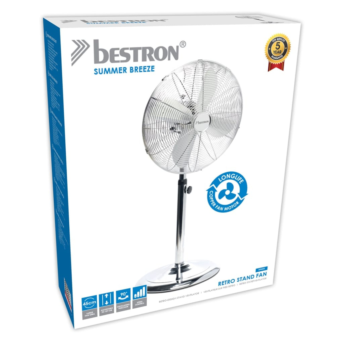 Ventilatore a colonna retrò in metallo in una scatola, con ventola e base argentate. La scatola mostra il ventilatore.