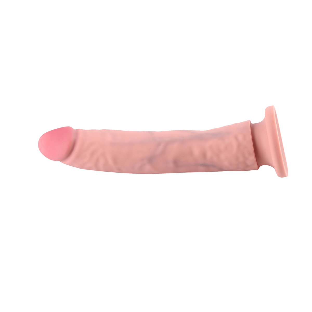 Ein fleischfarbener Dildo mit abgerundetem Kopf und ausgestelltem Sockel auf weißem Hintergrund.