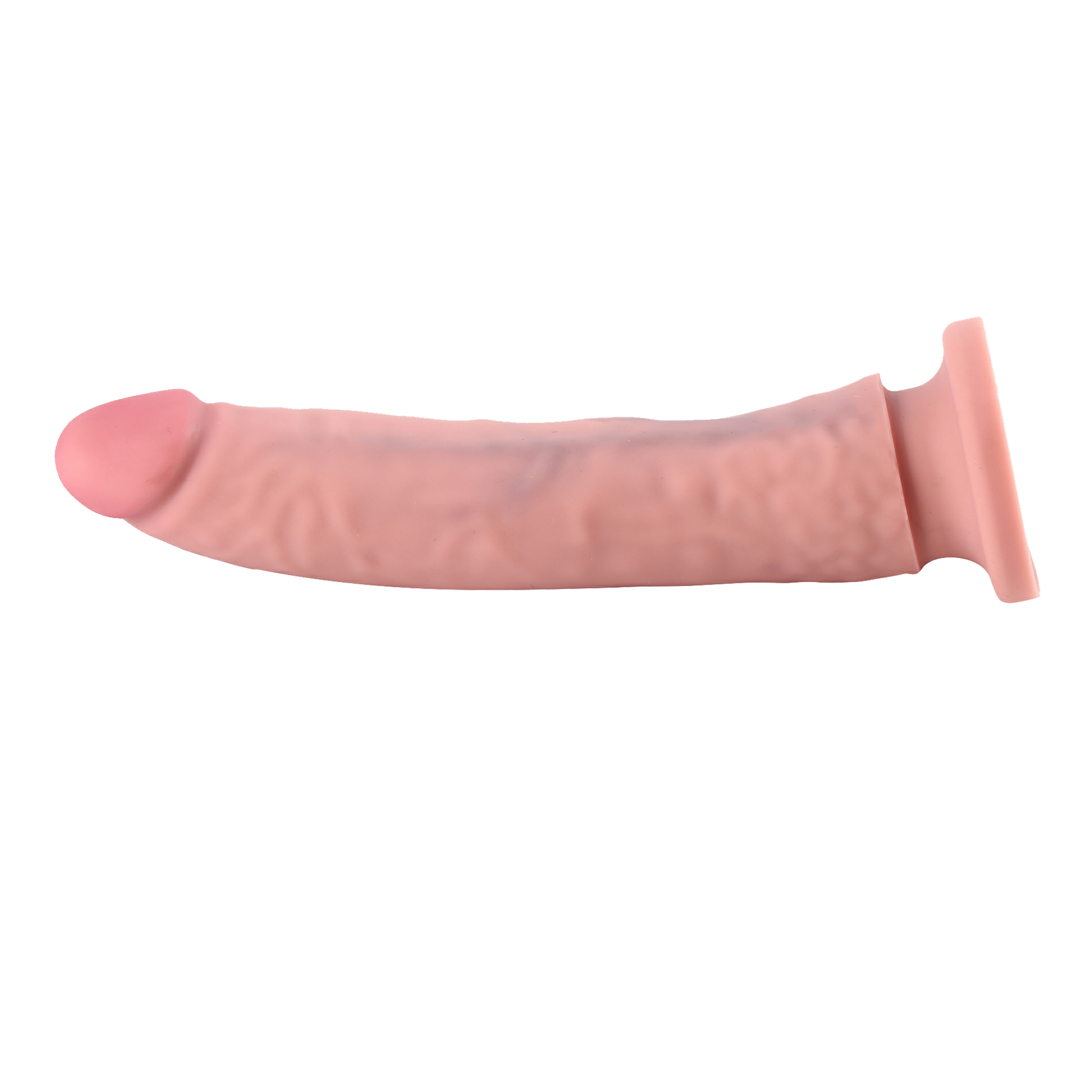 Ein fleischfarbener Dildo vor weißem Hintergrund. Er ist glatt, mit einem definierten Kopf und Schaft.