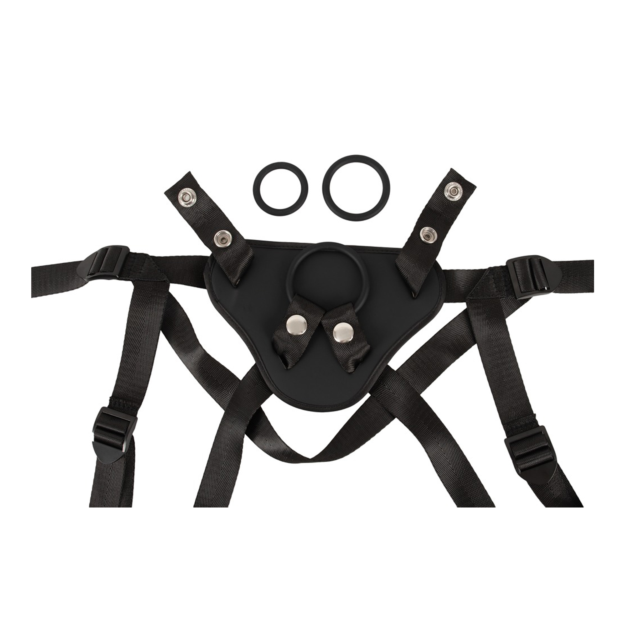 Ein schwarzes Geschirr mit Riemen, Schnallen und einem Ring in der Mitte. Zwei kleine Ringe sind auch vorhanden.