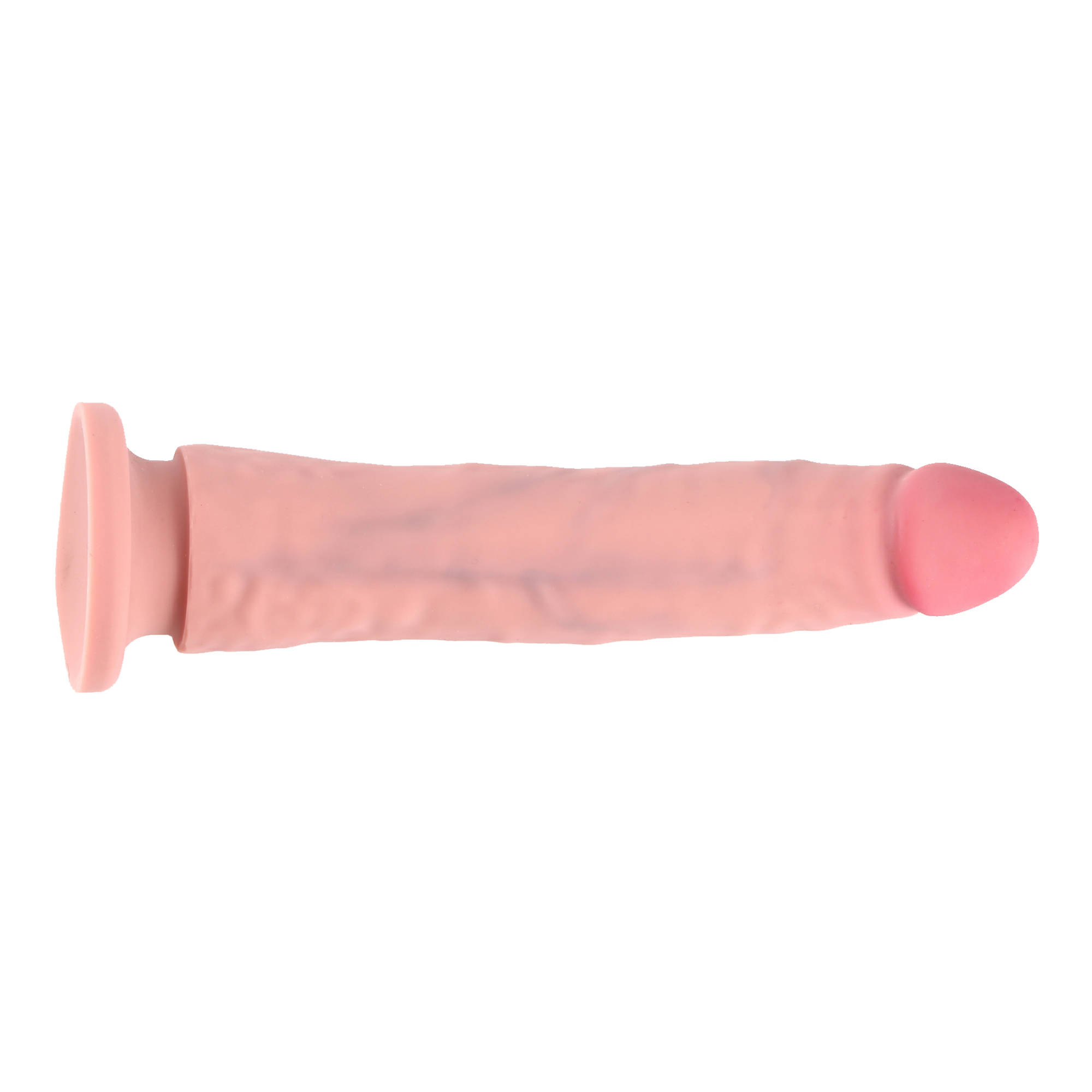 Ein rosa Dildo mit rundem Kopf und ausgestellter Basis, vor weißem Hintergrund.