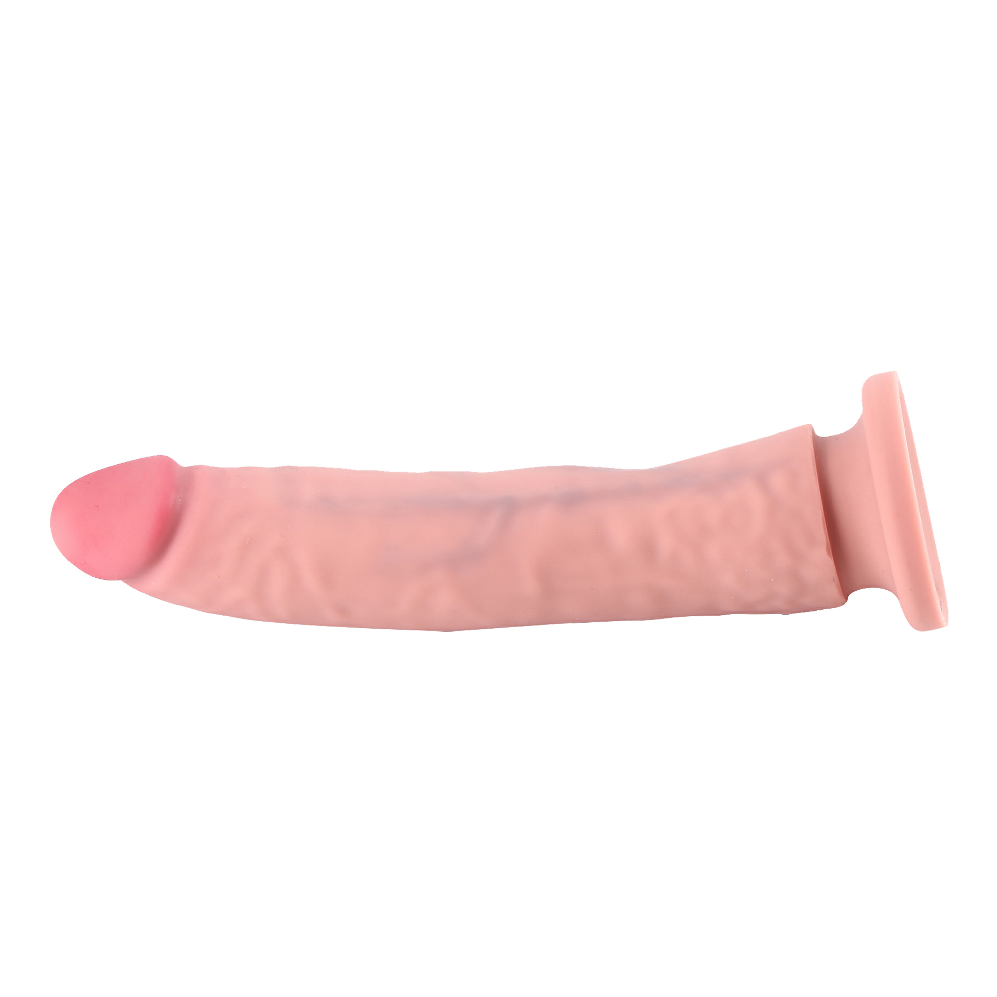 Rosa Dildo mit abgerundetem Kopf und ausgestelltem Sockel, isoliert auf weißem Hintergrund.