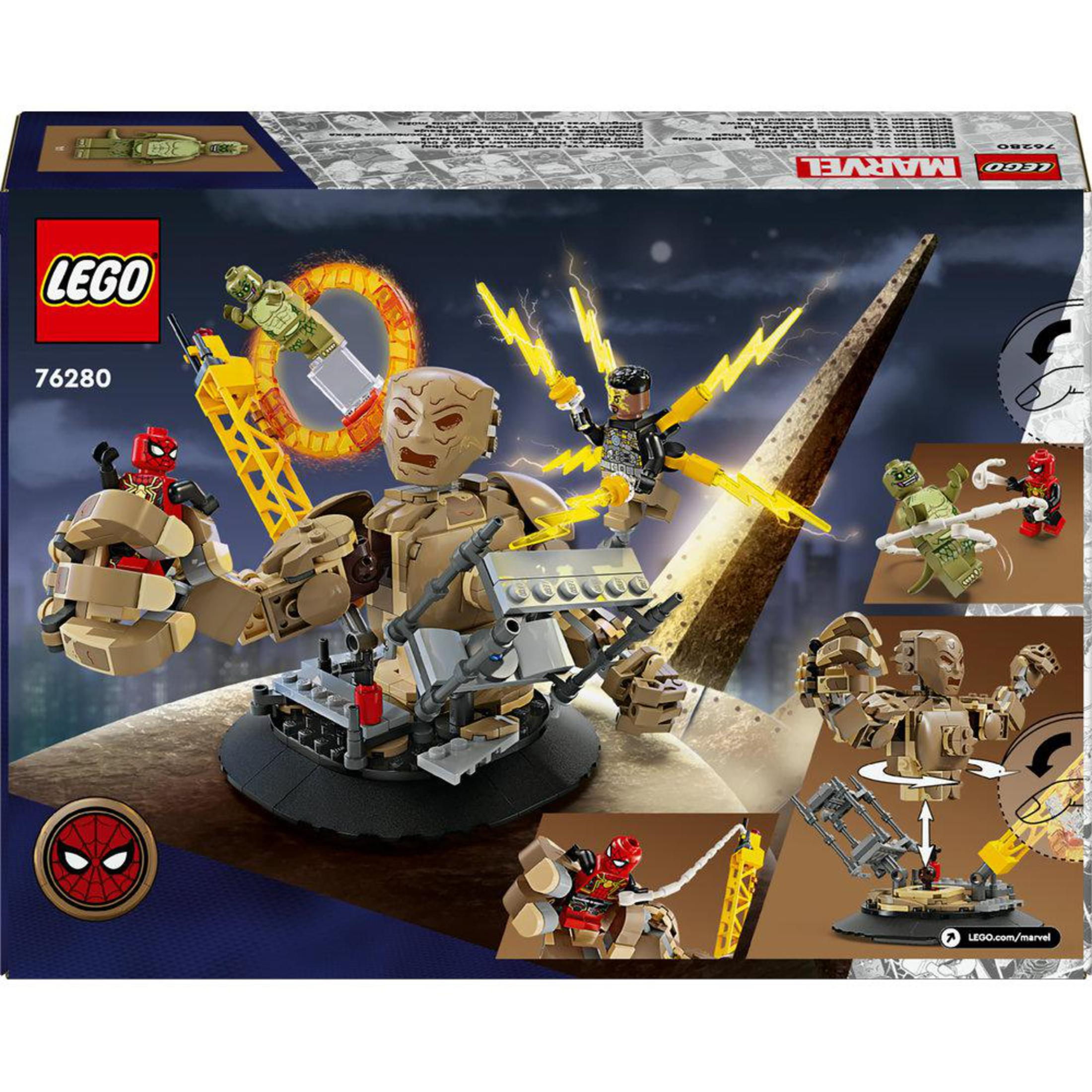 Lego Marvel Set-Box zeigt ein Steinmonster und Figuren von Spider-Man, etc.