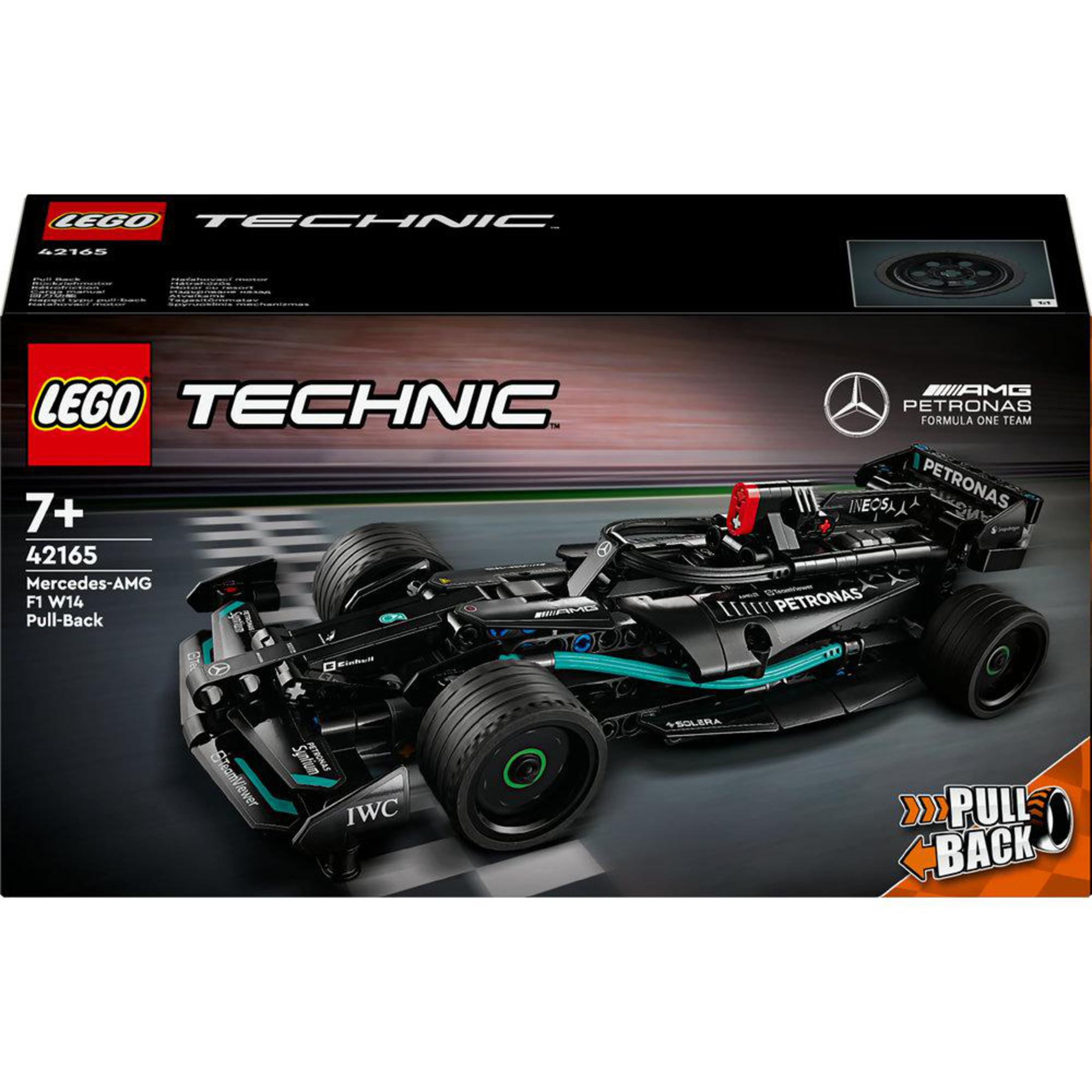 Lego Technic Mercedes-AMG F1 W14 set kutusu. Bir yarış pisti arka planında siyah bir yarış arabası modeli içerir.