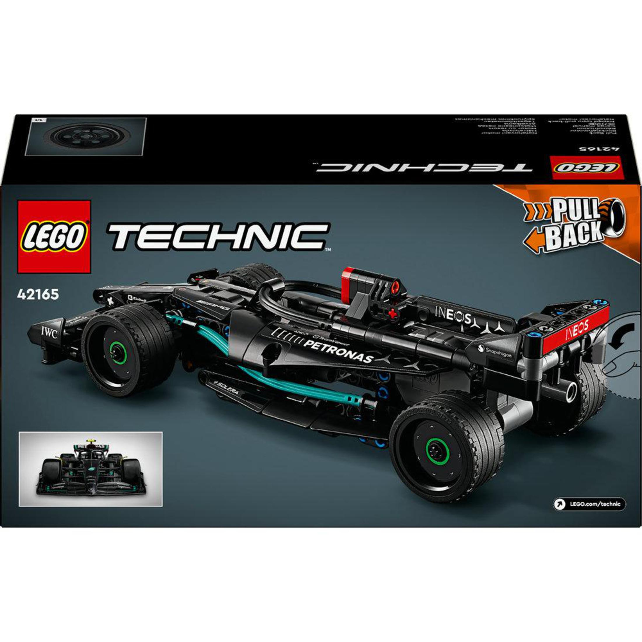 Logolu siyah kutu üzerinde siyah Lego Technic yarış arabası modeli. Siyah tekerlekler ve turkuaz detaylar.