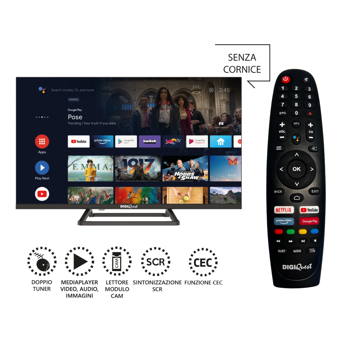 TV con app e telecomando. Cornice nera e icone in basso.