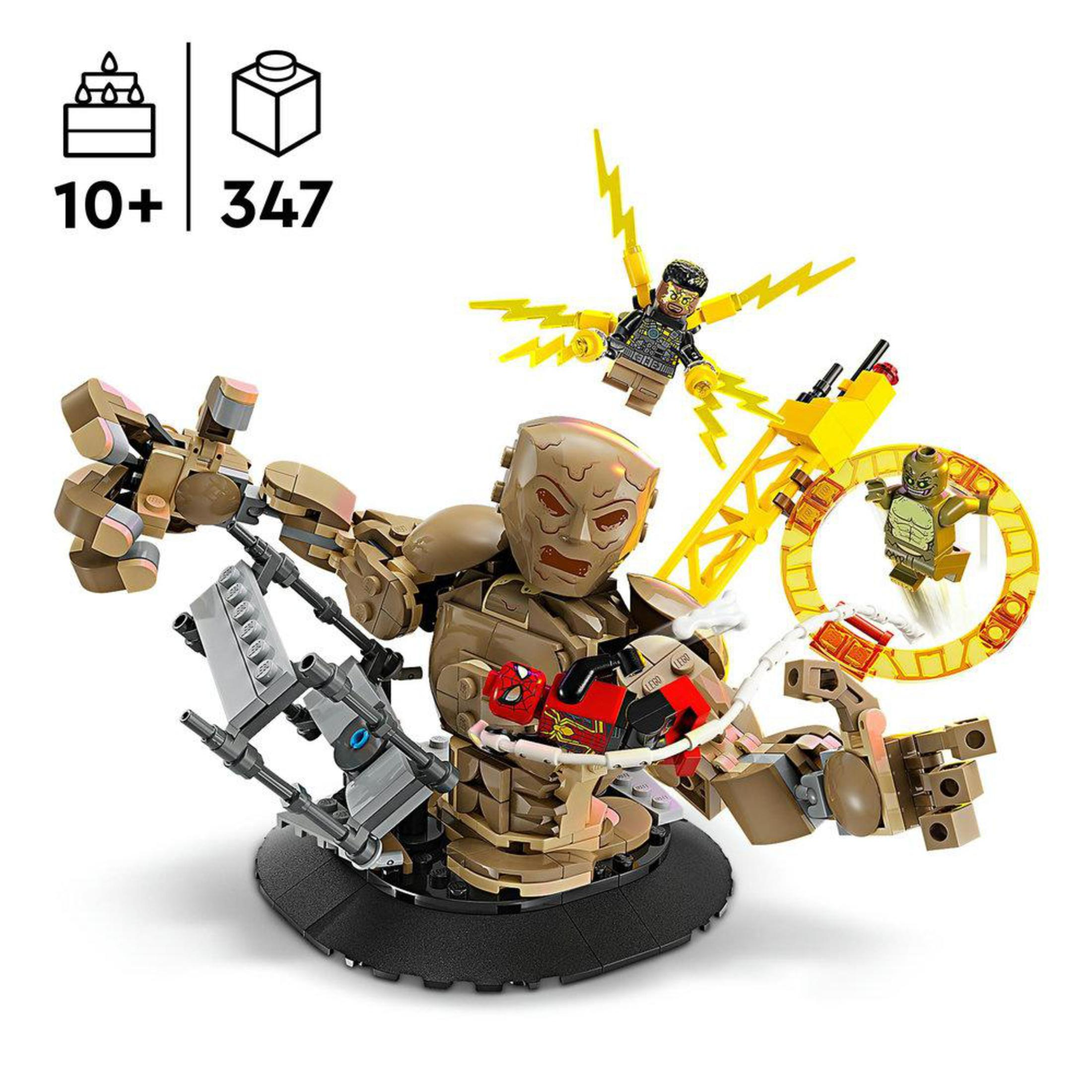 Lego-Set mit mehreren Figuren, darunter Spider-Man und andere. Weißer Hintergrund. Das Alter des Sets ist 10+.