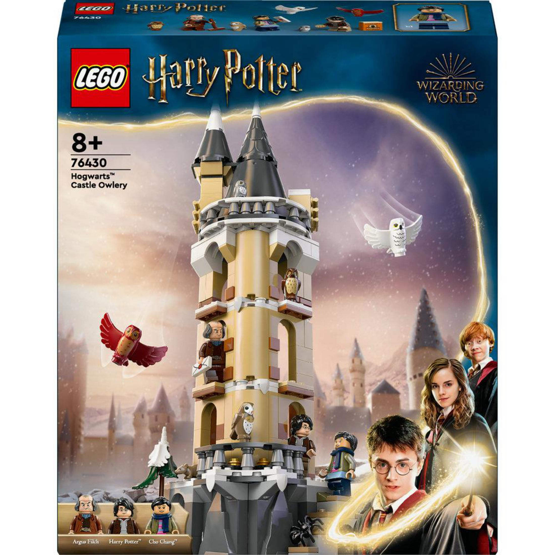 Zestaw LEGO Harry Potter. Hogwart, Wieża Sów z postaciami i sowami.