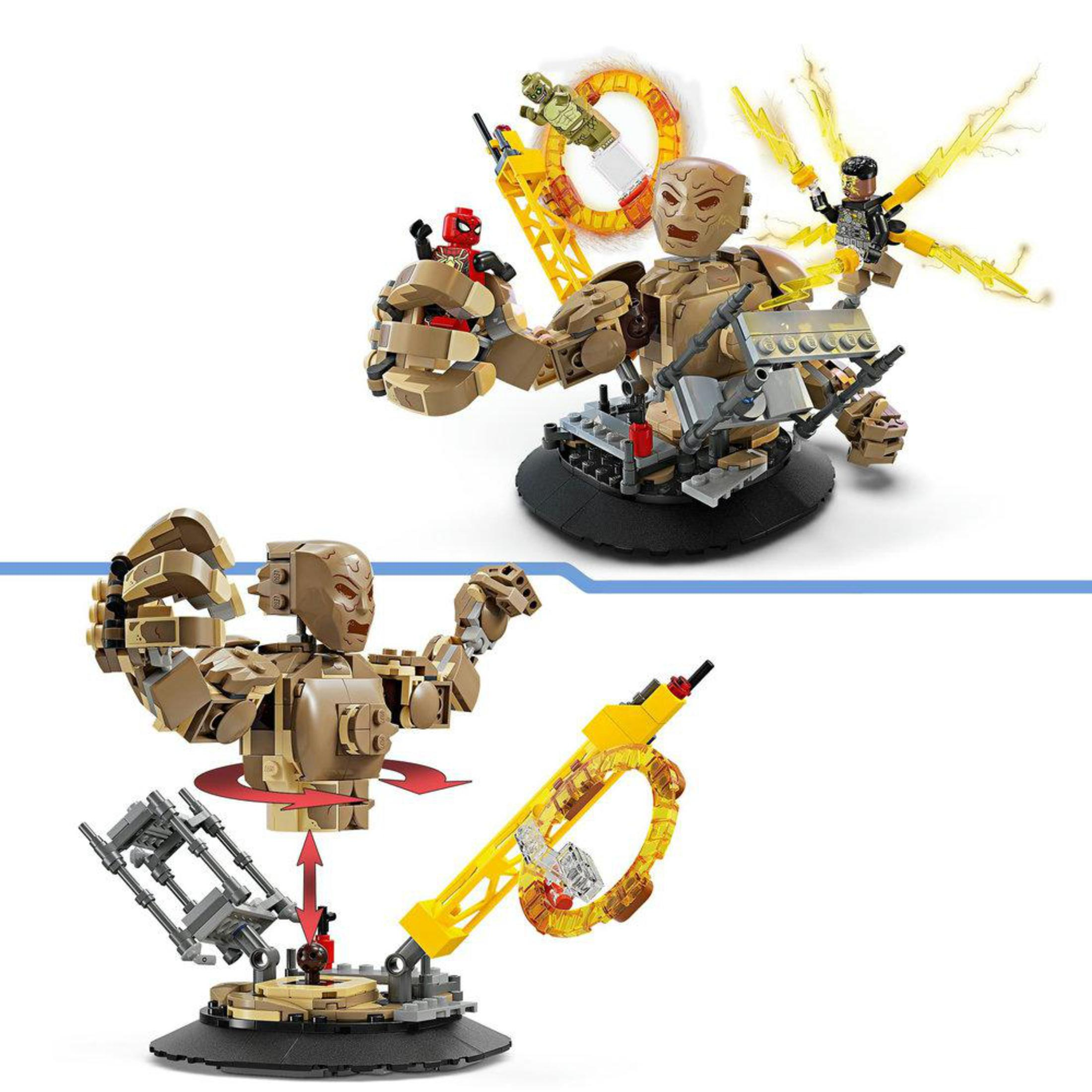 Lego-Modell mit mehreren Figuren, darunter eine große braune Figur und gelbe Energiereifen.