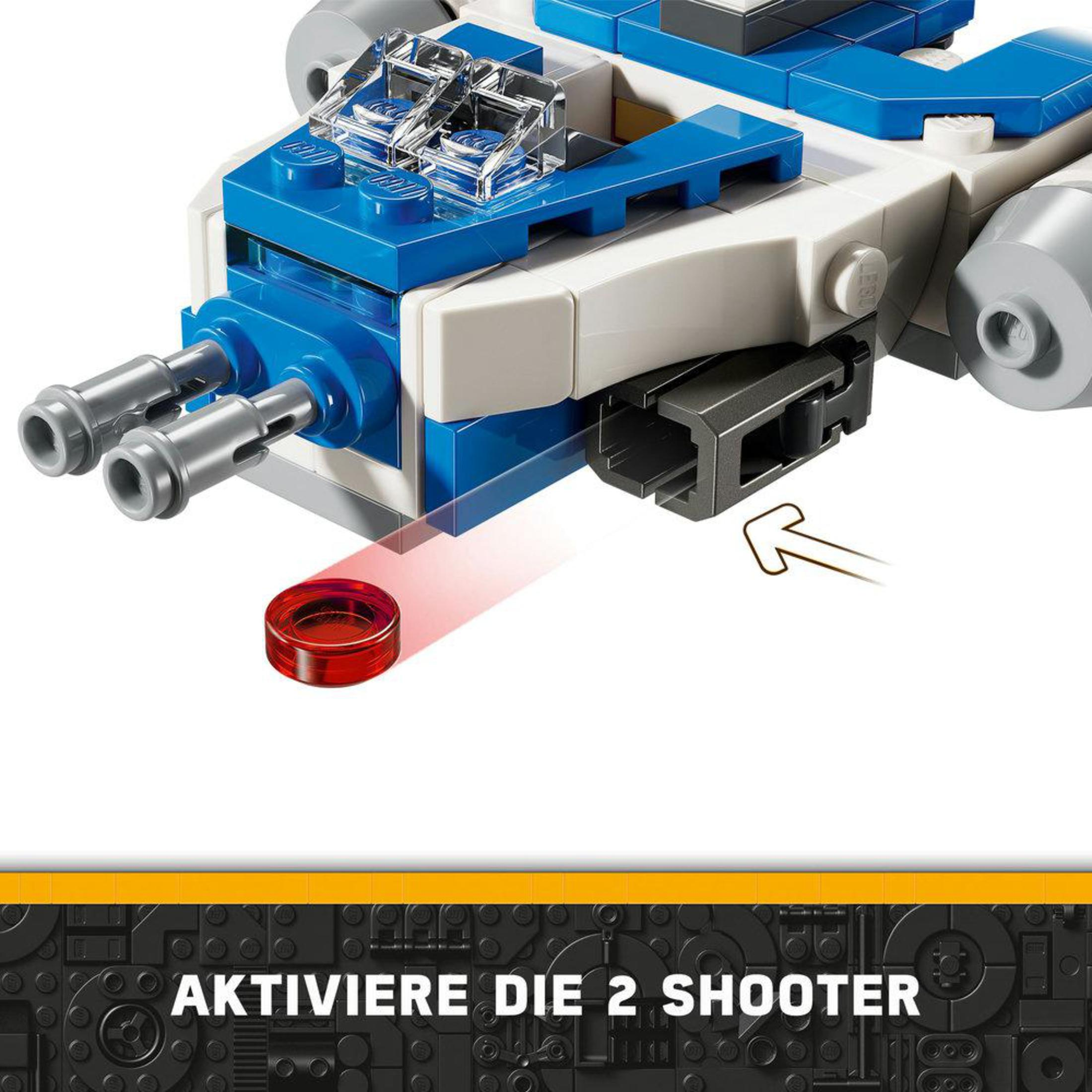 Mavi ve beyaz uzay gemisi olan Lego seti, 'AKTIVIERE DIE 2 SHOOTER' metni ile.