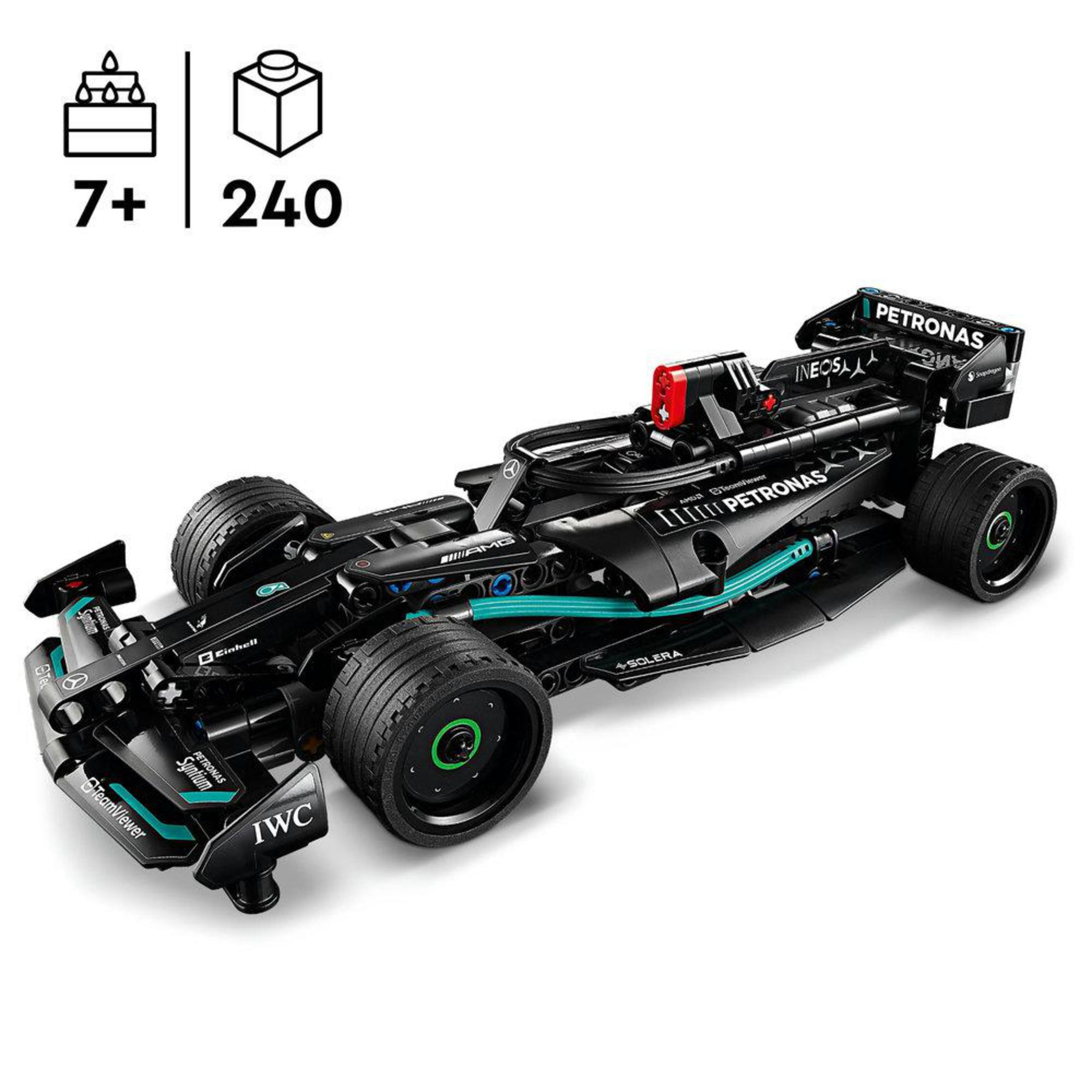 Petronas markalı ve 7+ yaş aralığına sahip siyah bir Formula 1 arabasının Lego modeli.