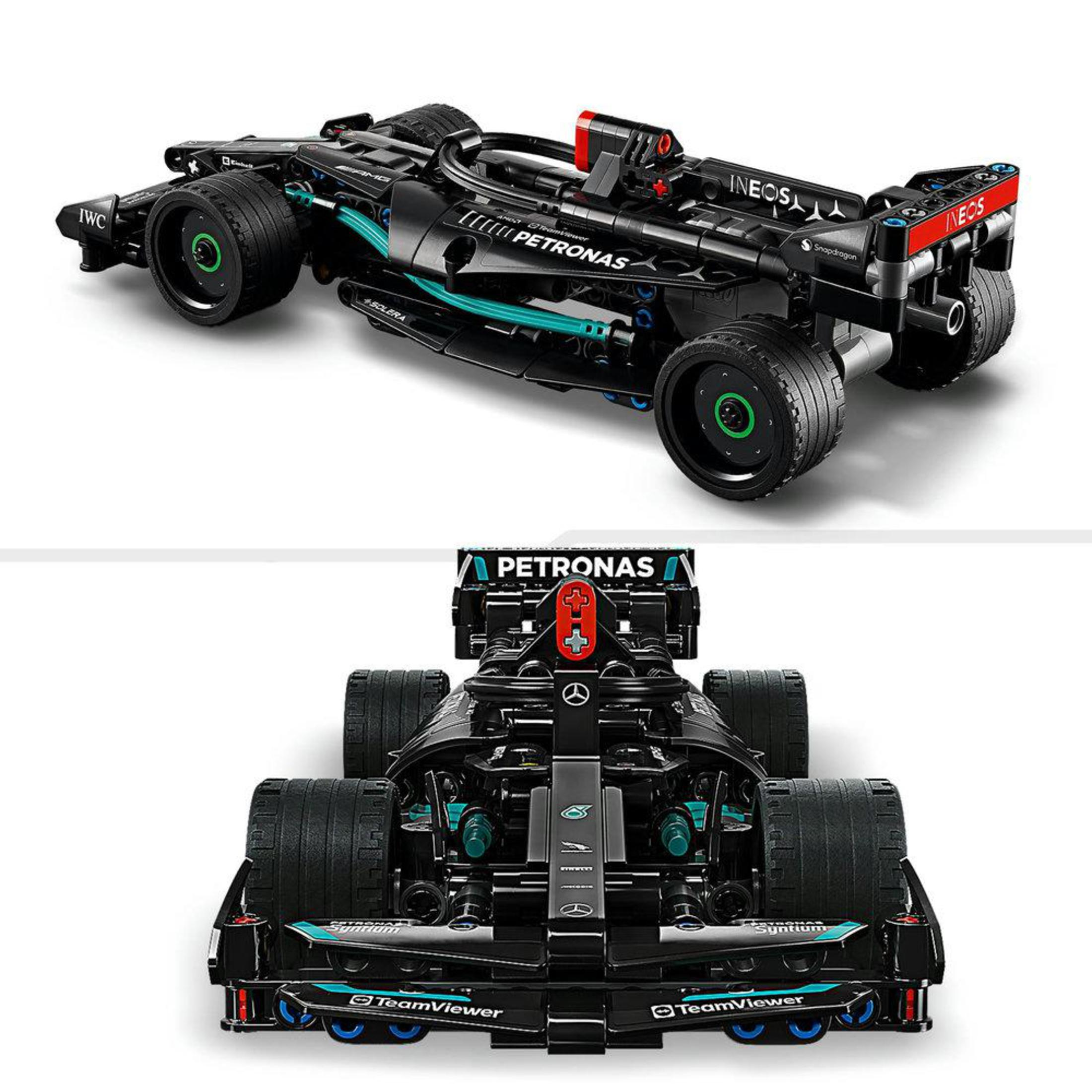 Lego F1 yarış arabası modeli. Üstten ve önden görünümler.