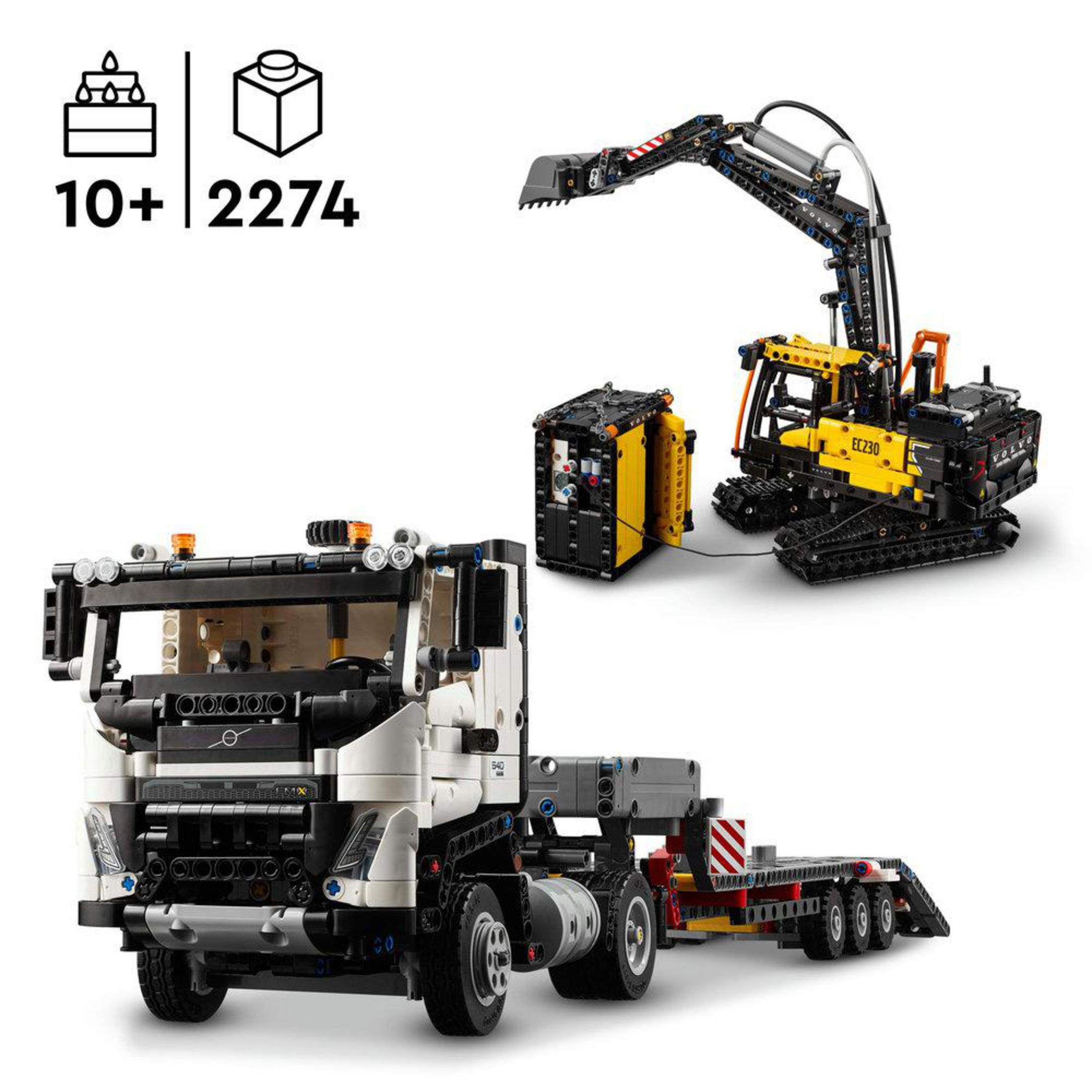 Zestaw Lego Technic z białą ciężarówką i żółtym pojazdem budowlanym. Zestaw zawiera wiele elementów.