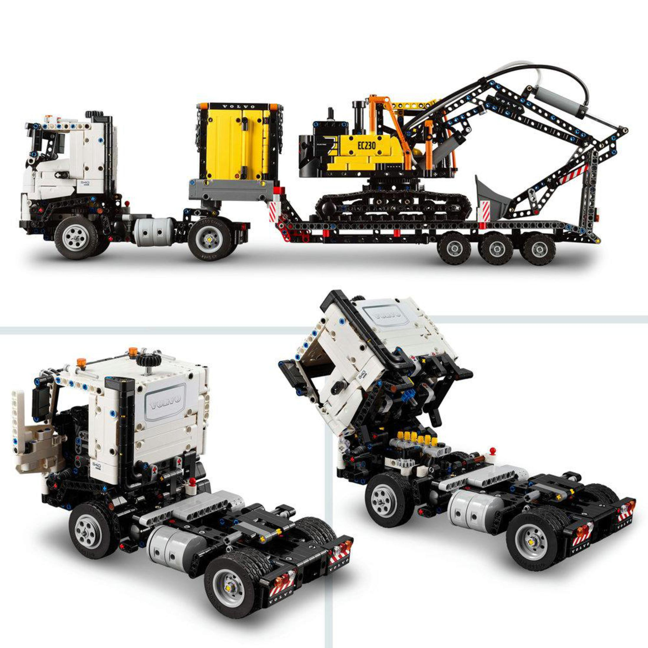 Ciężarówka Volvo LEGO Technic z koparką. Widok z góry i z boku. Białe tło.
